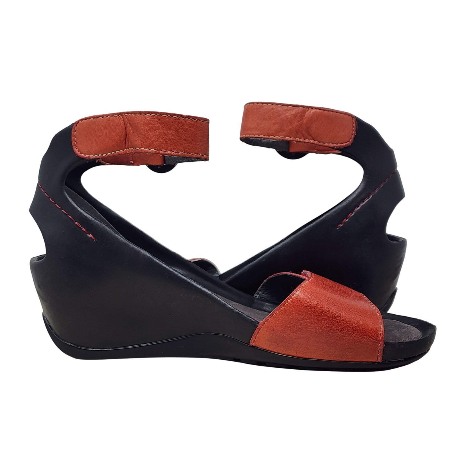 Wolky Wedge Sandals 37 6 Wom Black Red Leather Ankle Strap Comfort 1175 Walking