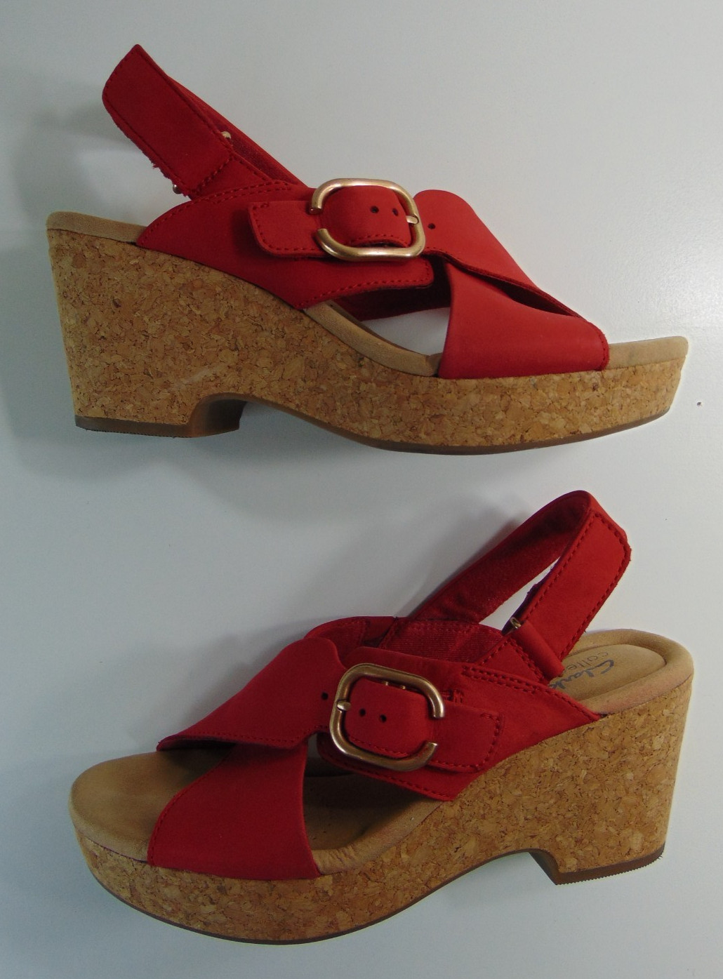 Clarks Giselle Dove Cherry Red Nubuck Leather Cork Wedge Sandals 8 Ult Comfort