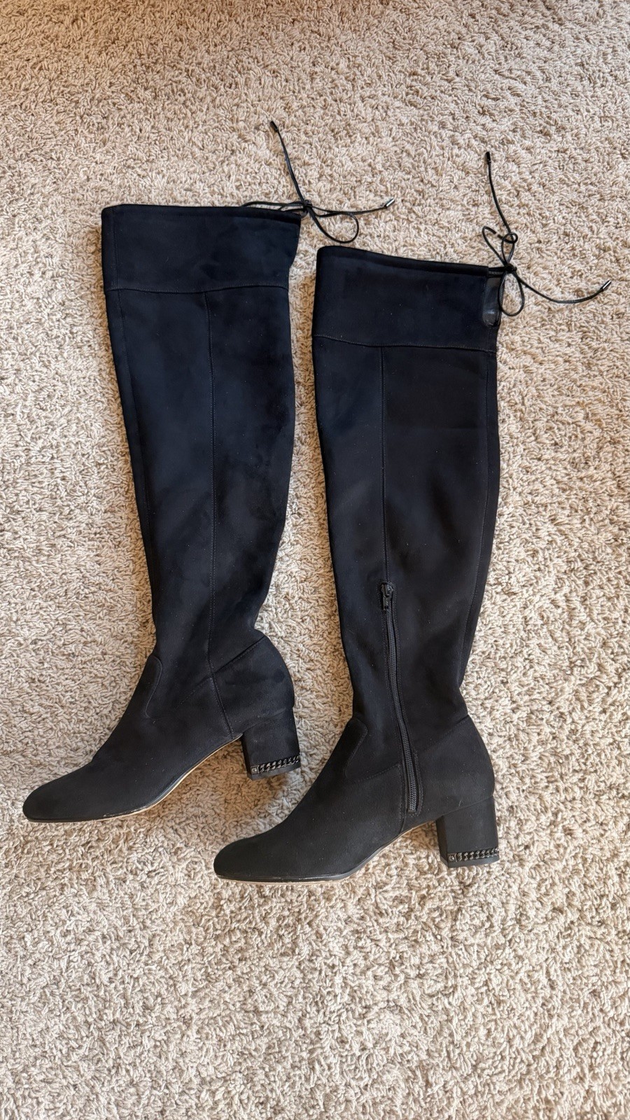 Michael Kors Black Over-the-Knee Riding Boots Chain Zipper Textile Leather 8