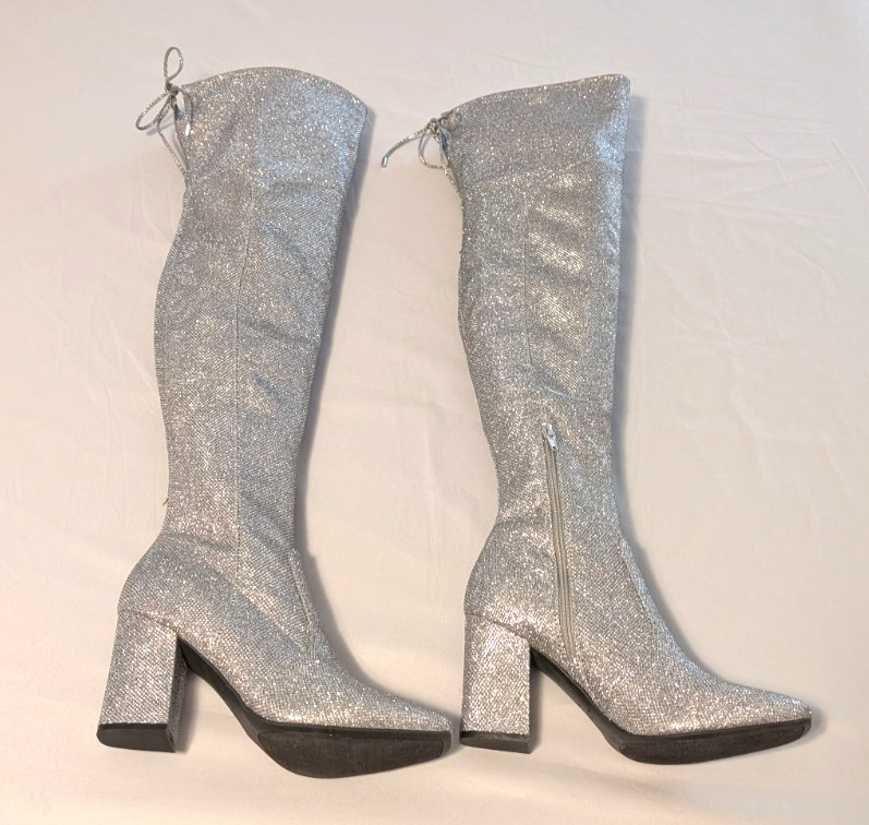 Unisa Over Knee Boots Womens Size 9M Sparkly Silver Block Heel Party Statement