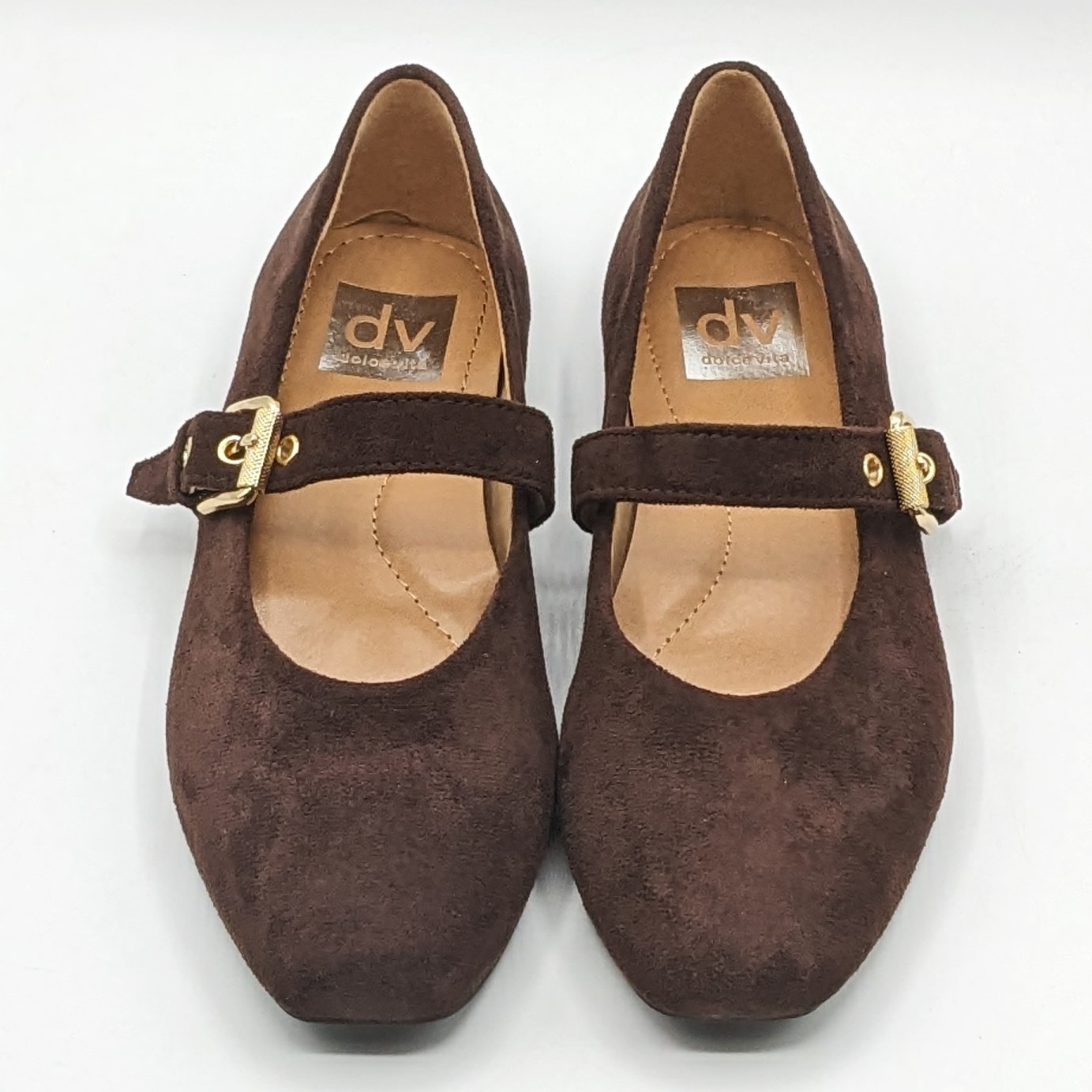 dv by Dolce Vita “Ballet Flat” Faux Suede Brass Buckle Foam Insole (Brown) NEW