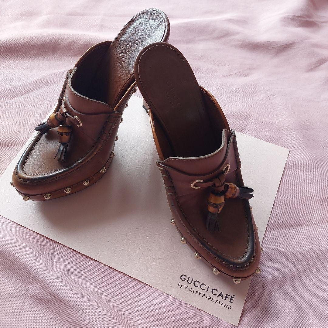 Auth GUCCI Studded Sabot Mules Bamboo Bit Wood Platform Heels Vintage IT35.5 US5