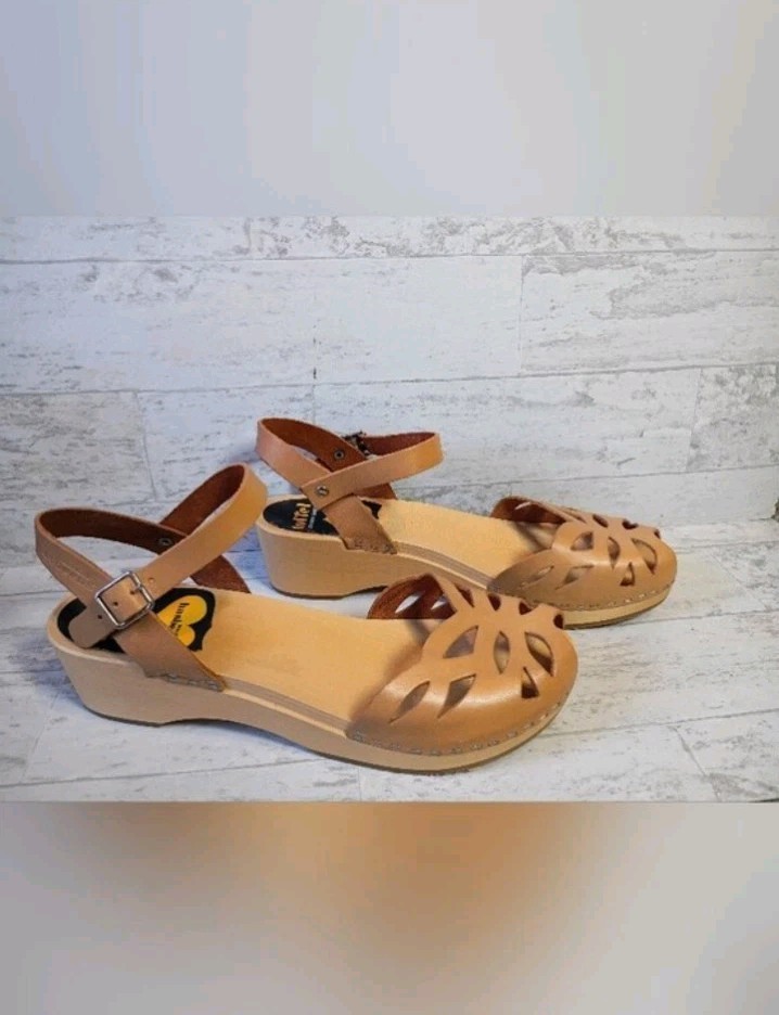 Swedish Hasbeens Wood Clogs Womens 38 Brown Leather Peep Toe Sandals Boho