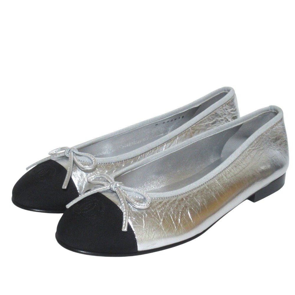 CHANEL Ballerina COCO Mark Ballet Shoes 37.5C Silver Color Black Women USED