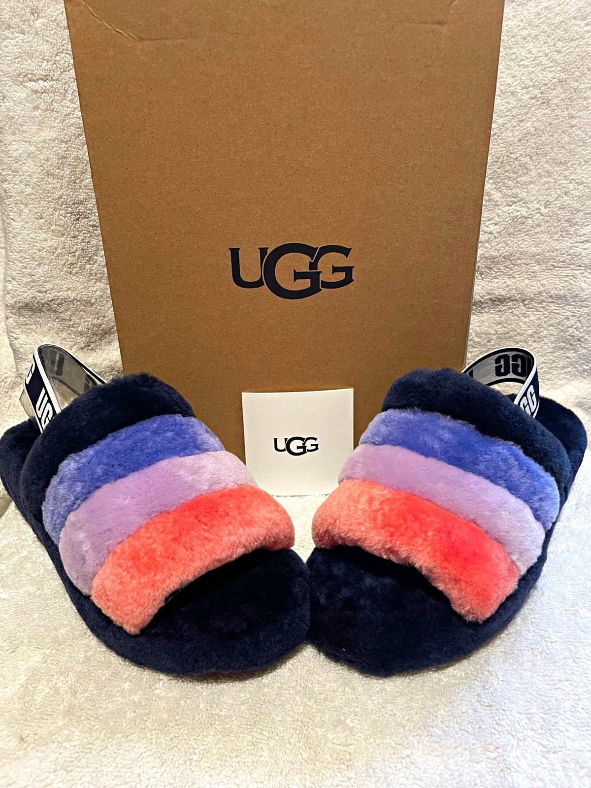 UGG Women’s Colorblock Faux Fur Slide Sandals Lined Slip-On Logo US 7 EU 38
