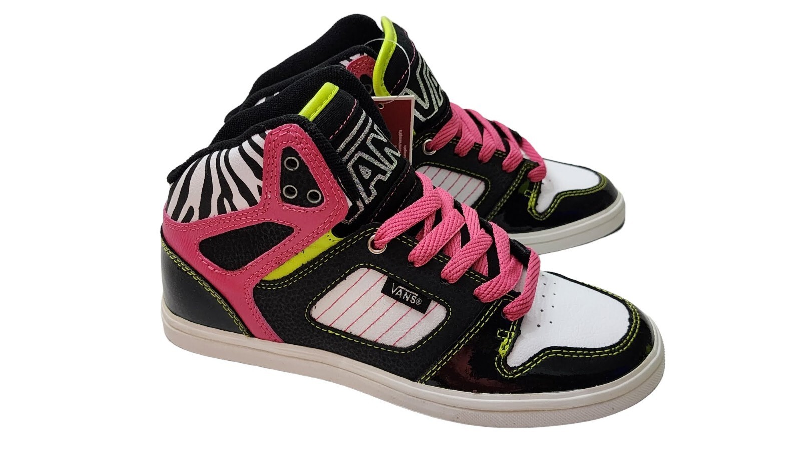 Vans Allred Girls Shoes Youth Size 4 Leather Black White Pink Lime Mid-Top