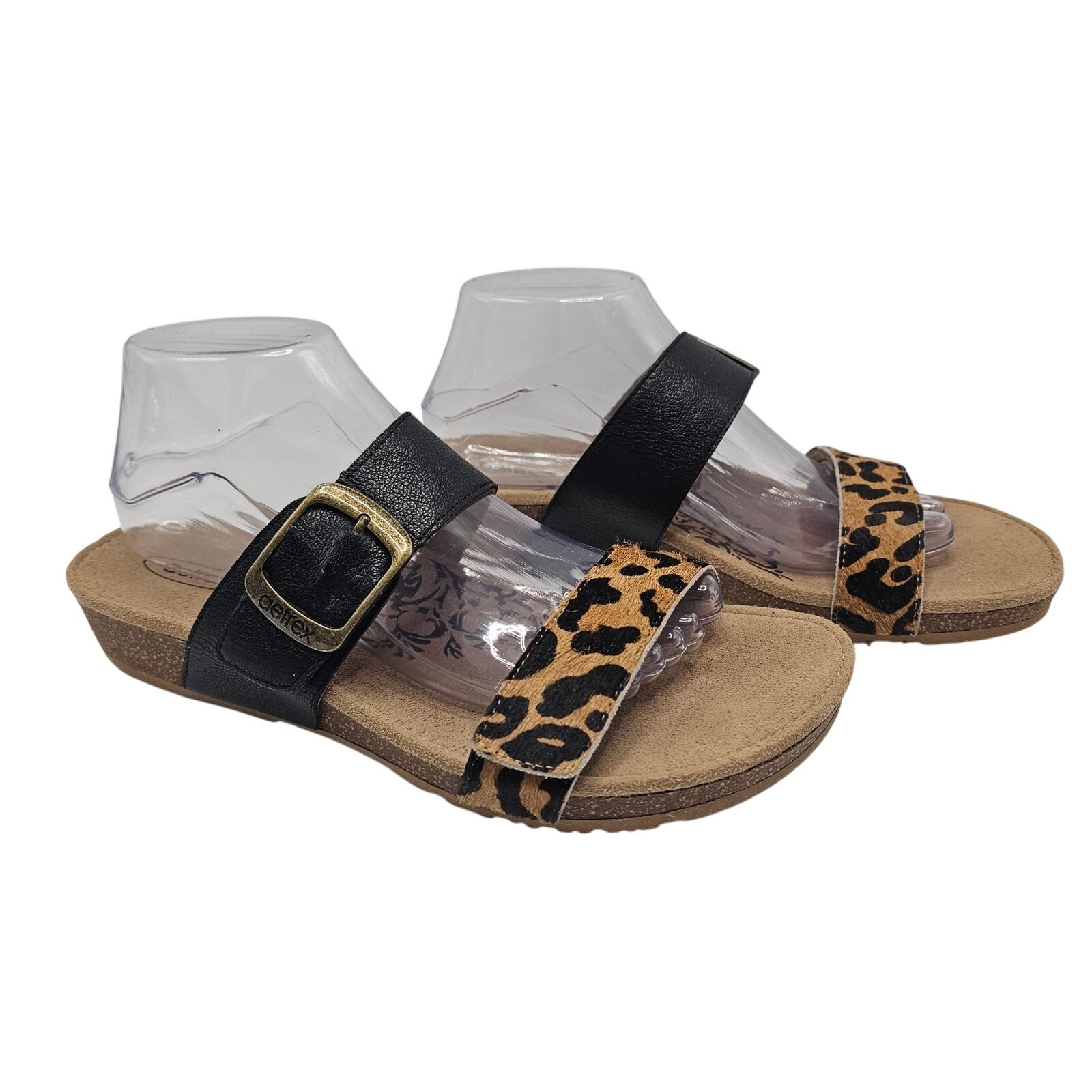 Aetrex Daisy Adjustable Slide Leopard Print Leather Orthotic Sandals W10 / EU41