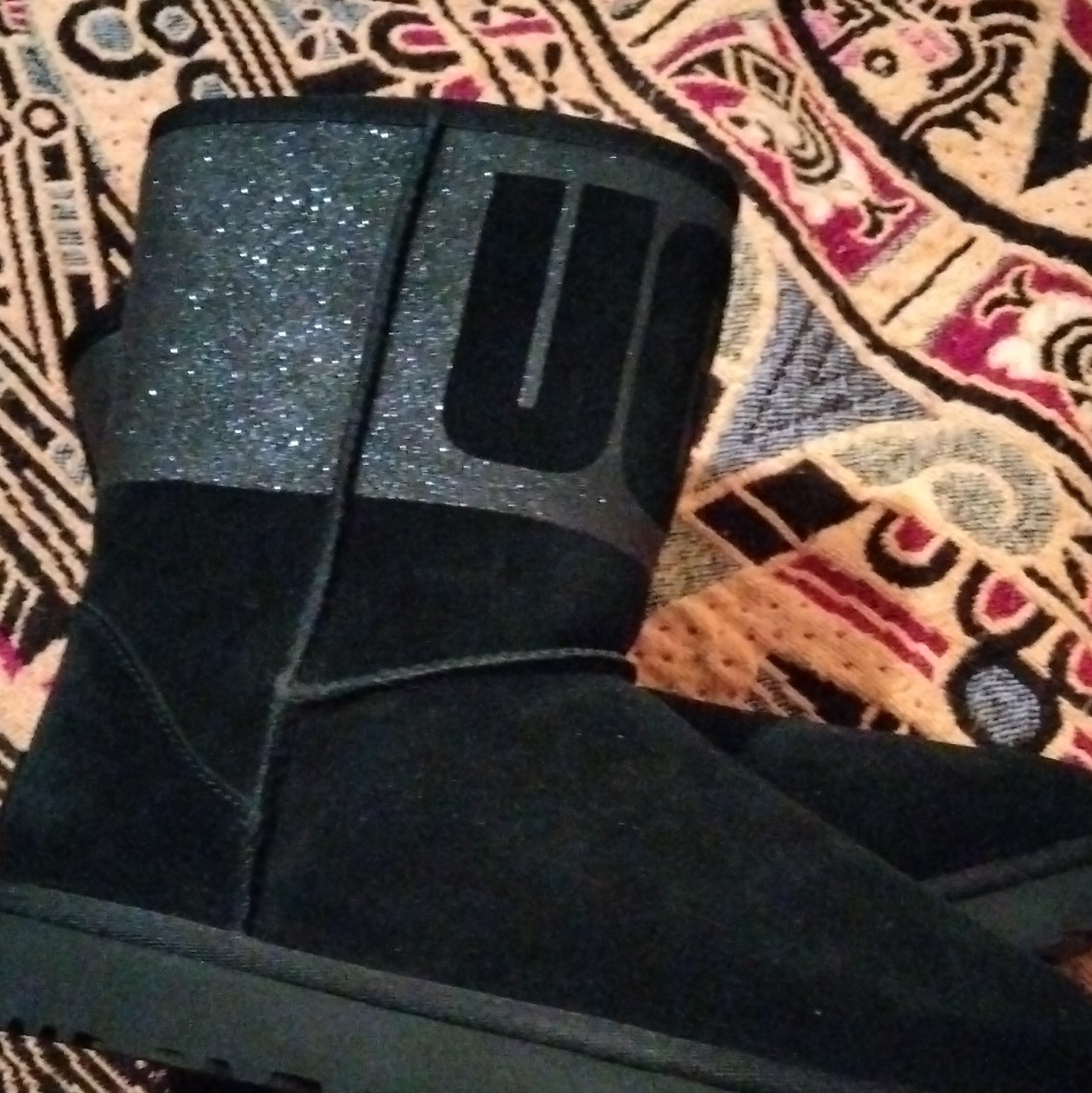 UGG Women’s Black Pull-On Ankle Bootie with Glitter Logo Accent