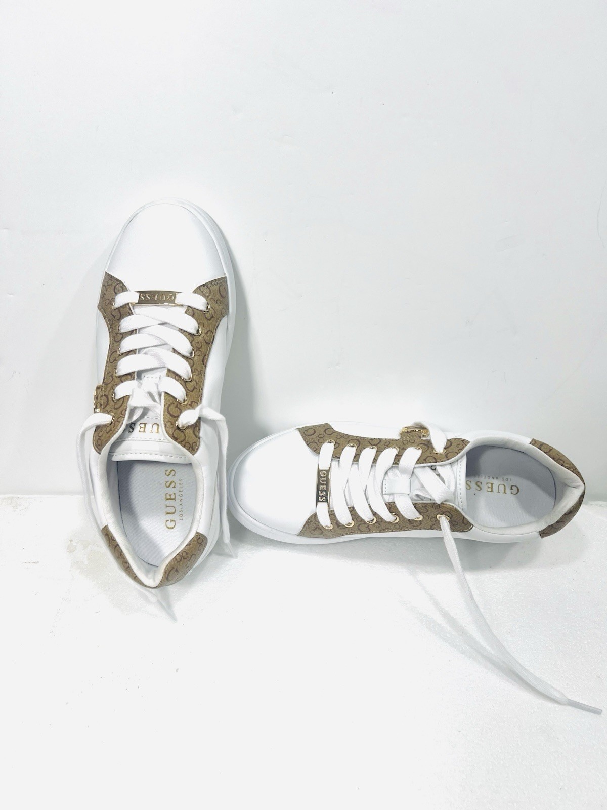 GUESS Logo Print Buckle Accent Lace-Up White Brown Gold Women’s Sneakers