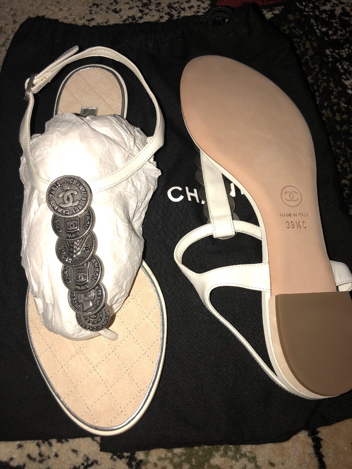 NEW CHANEL WHITE LEATHER COINS CC LOGO FLAT THONG SANDALS SIZE 39.5