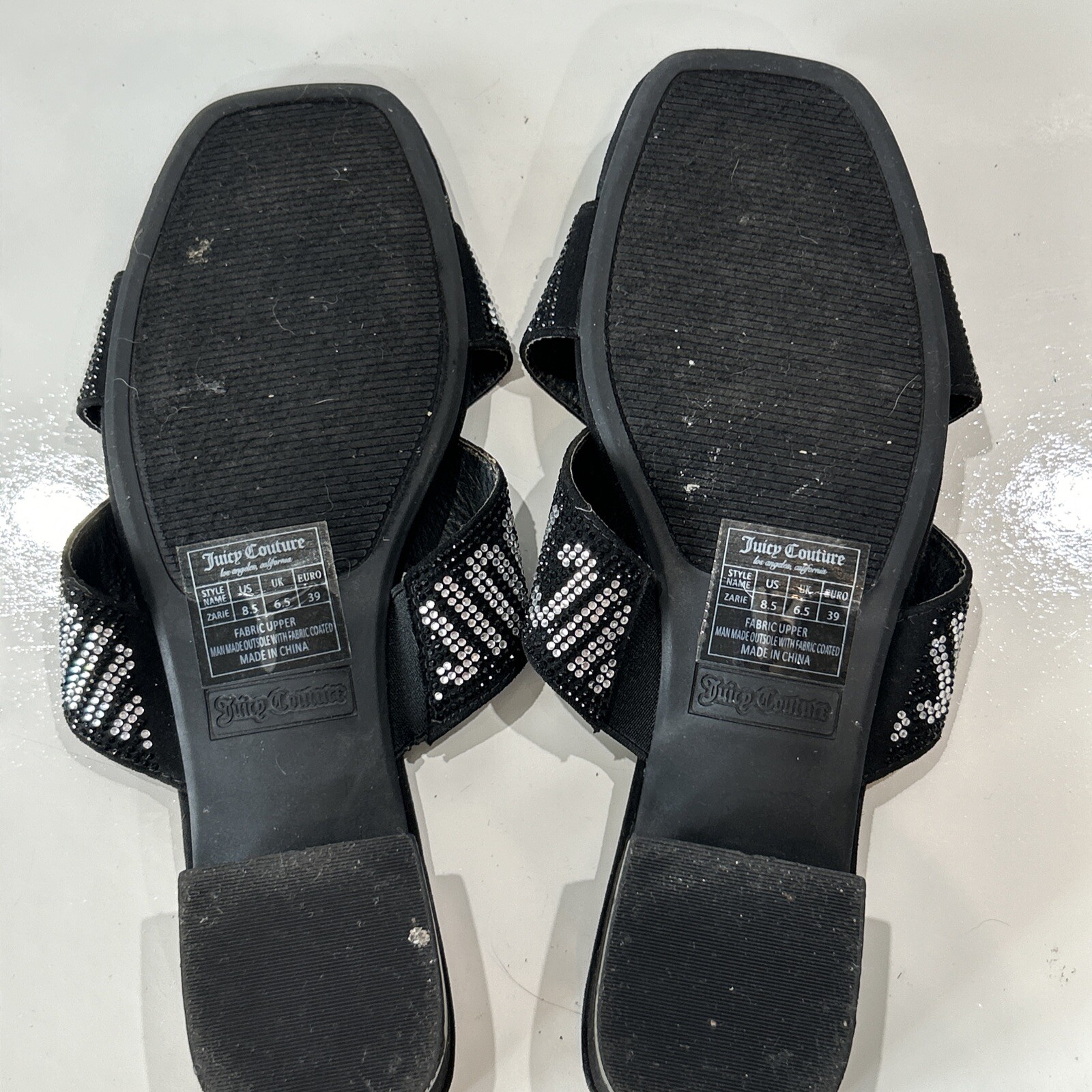 Juicy Couture 8.5 Crystal Logo Black Cross Over Sandals Bling Slip On Shoes