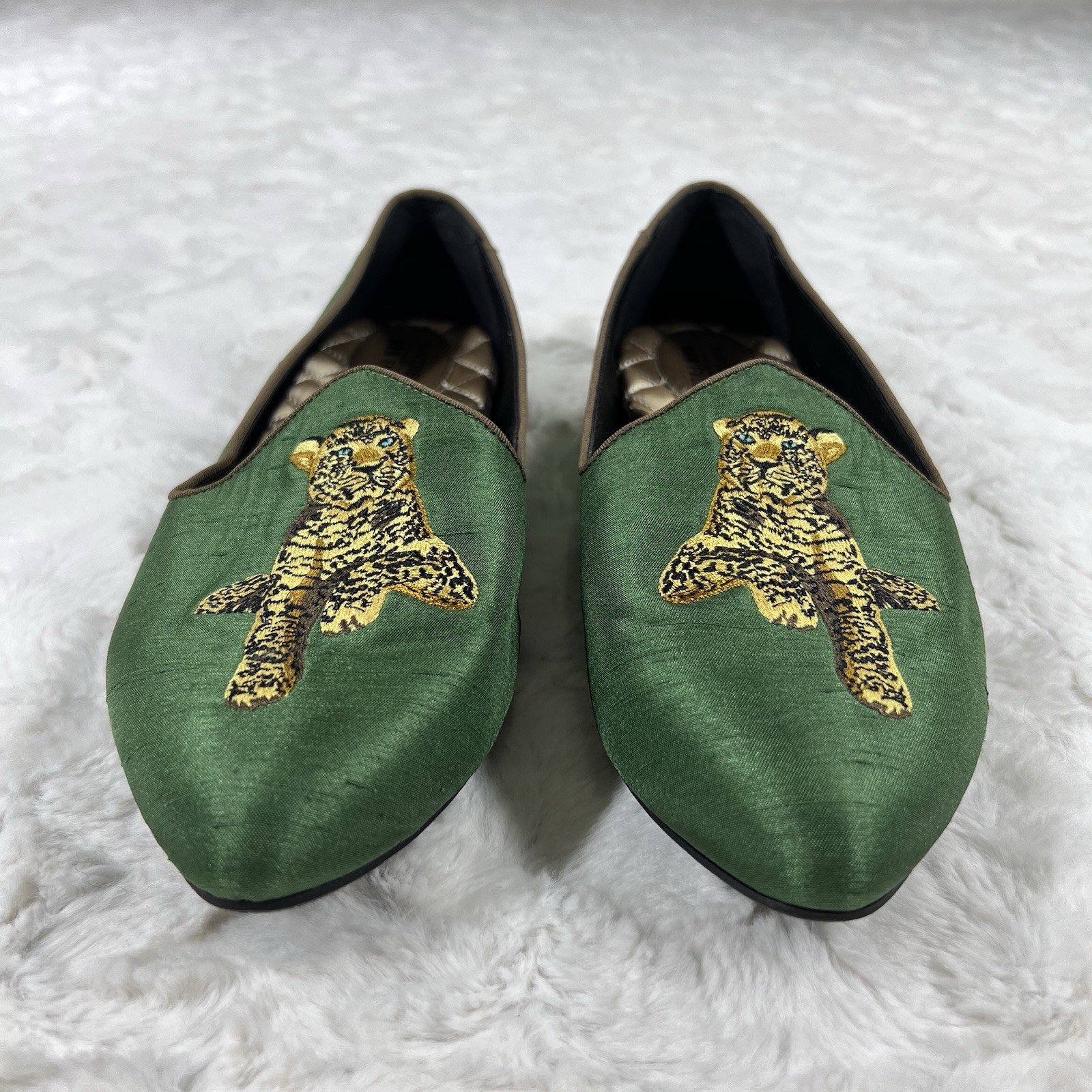 Birdies x Ken Fulk Leopard Satin Slipper Shoes Flats Women 9.5 Emerald Green Art