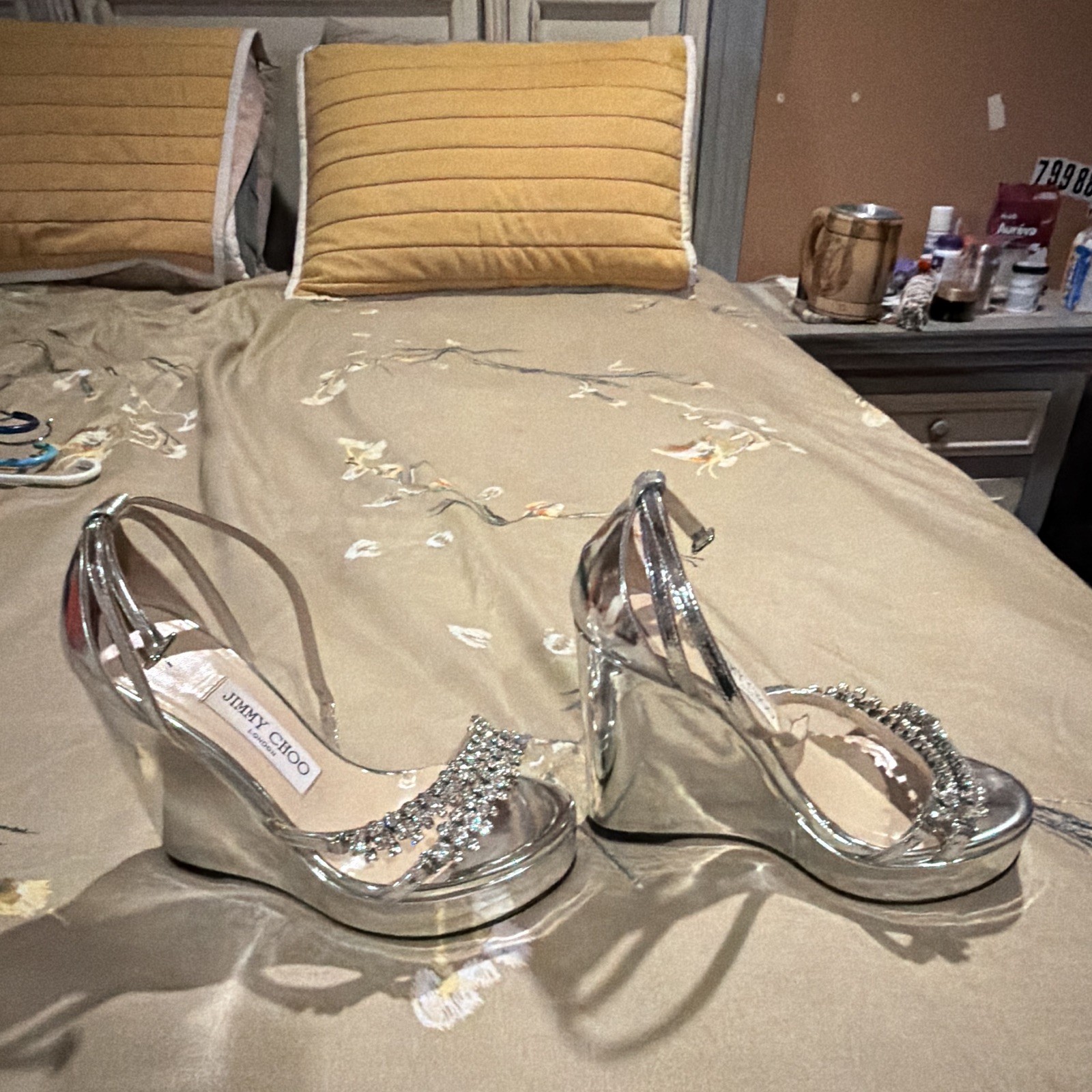 Jimmy Choo Women’s Silver Silk Wedge Heels Open Toe Ankle Strap Buckle 5.5