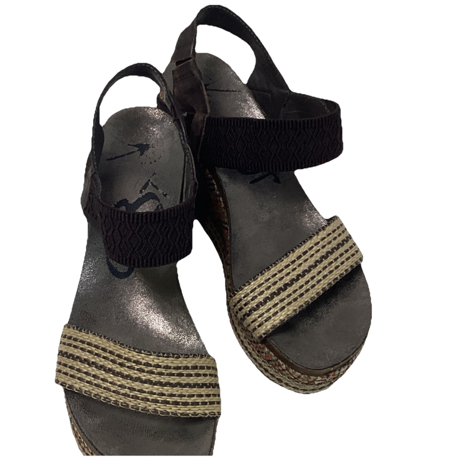 OTBT Strappy Wedge Sandals Brown Beige Textile Leather Studded Hook & Loop 9.5