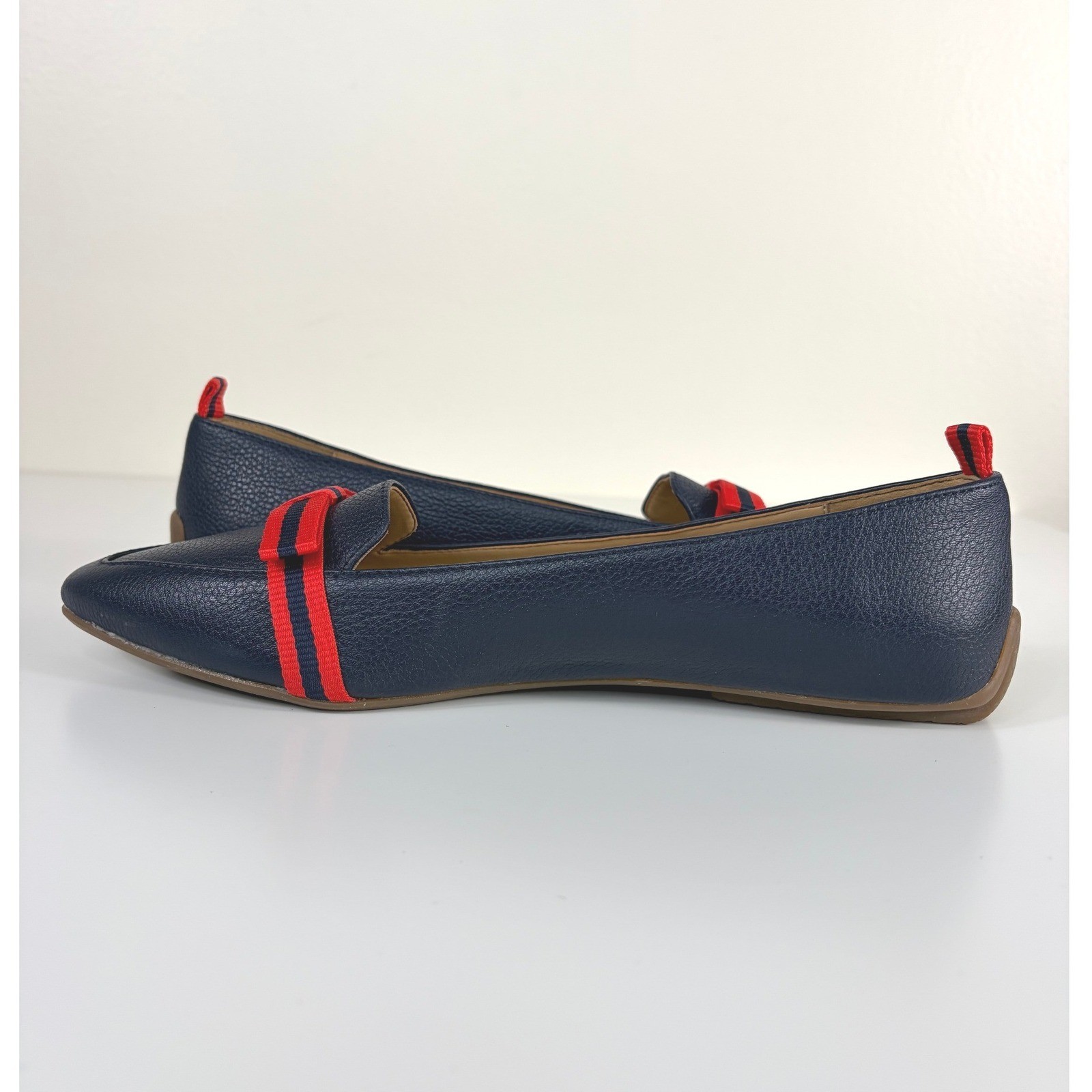Talbots Francesca Driving Moccasin Grosgrain Bow Navy Red Size 7.5 AA NWOT Prep
