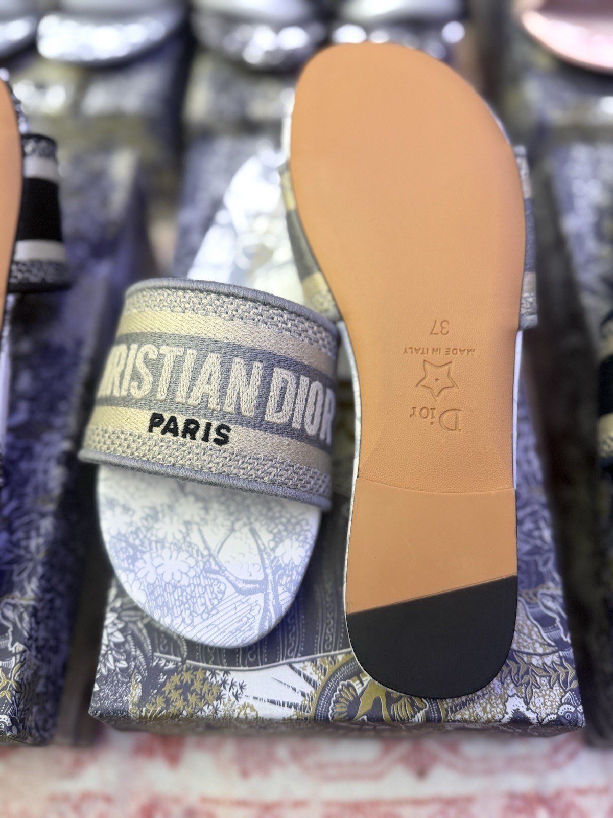 Dior Women’s Gray/White Logo Slide Sandals EU 37 Slip-On Flat Casual