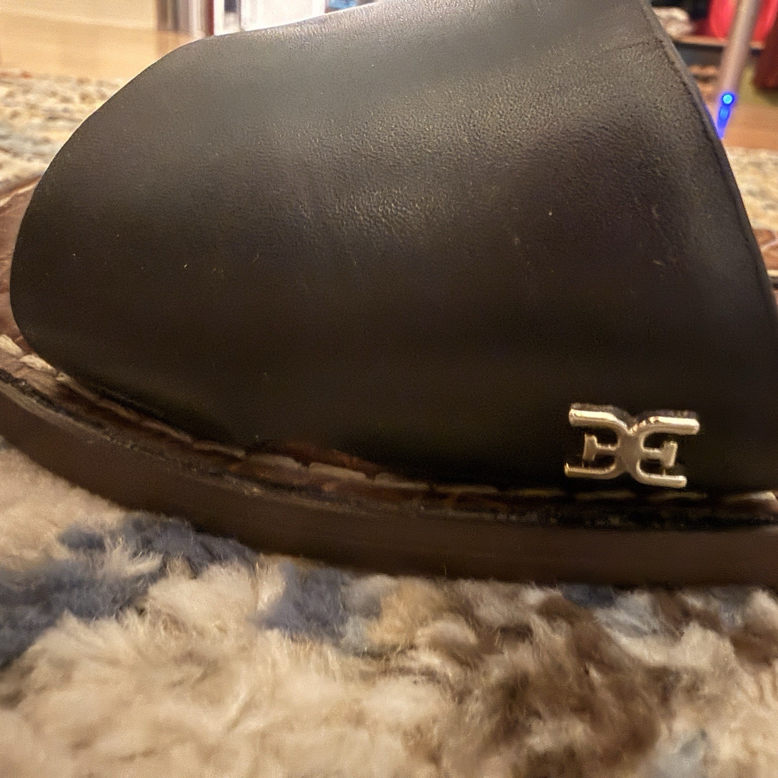 Sam Edelman Women’s Leather Slide Sandals Croc Embossed Logo Black US 6.5