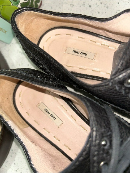 Miu Miu Prada Designer Black Studded Leather Lace Up Oxfords – Size 40/US 10