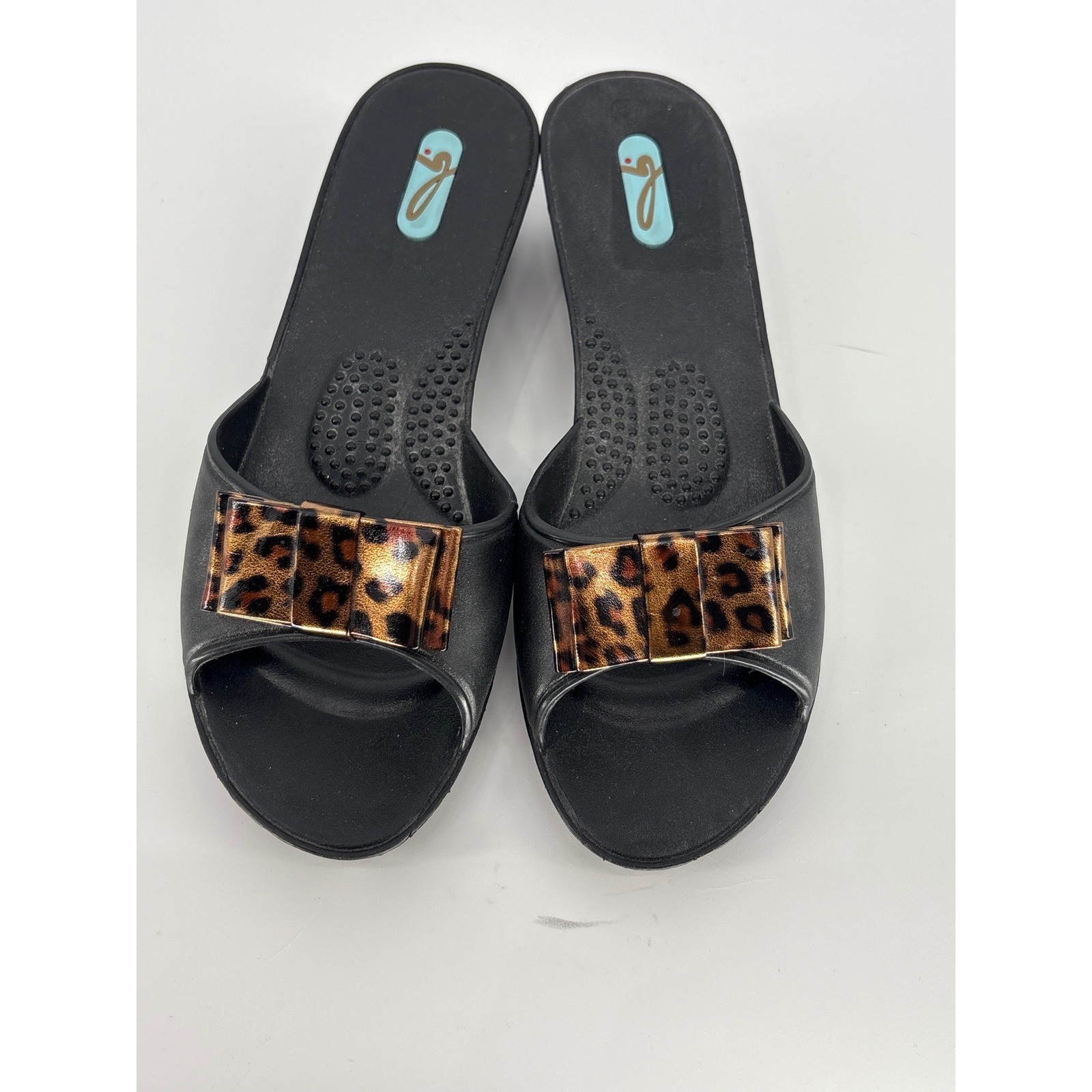 Oka-B Leopard Bow Wedge Sandals Womens 6 Black Slides Shoes Made in USA