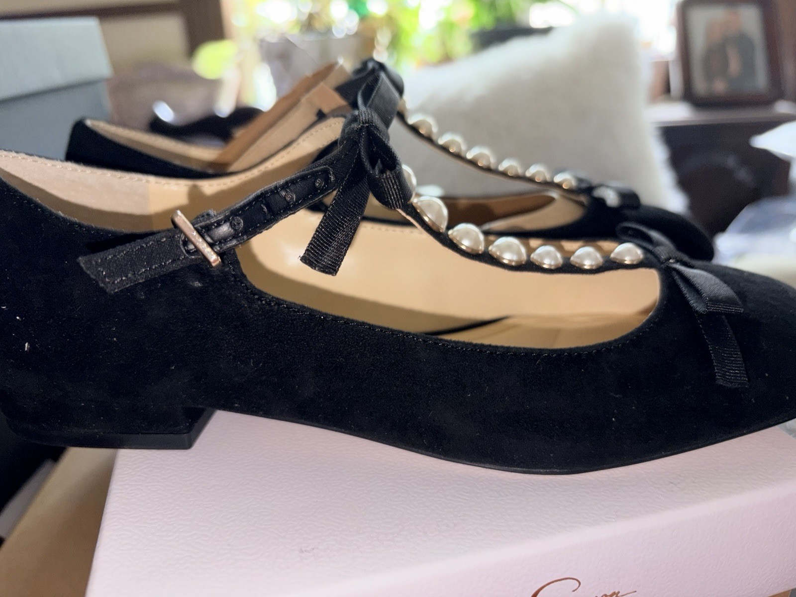 Jessica Simpson Women’s Mary Jane Flats Black Faux Suede Pearl Bow Buckle US 6.5