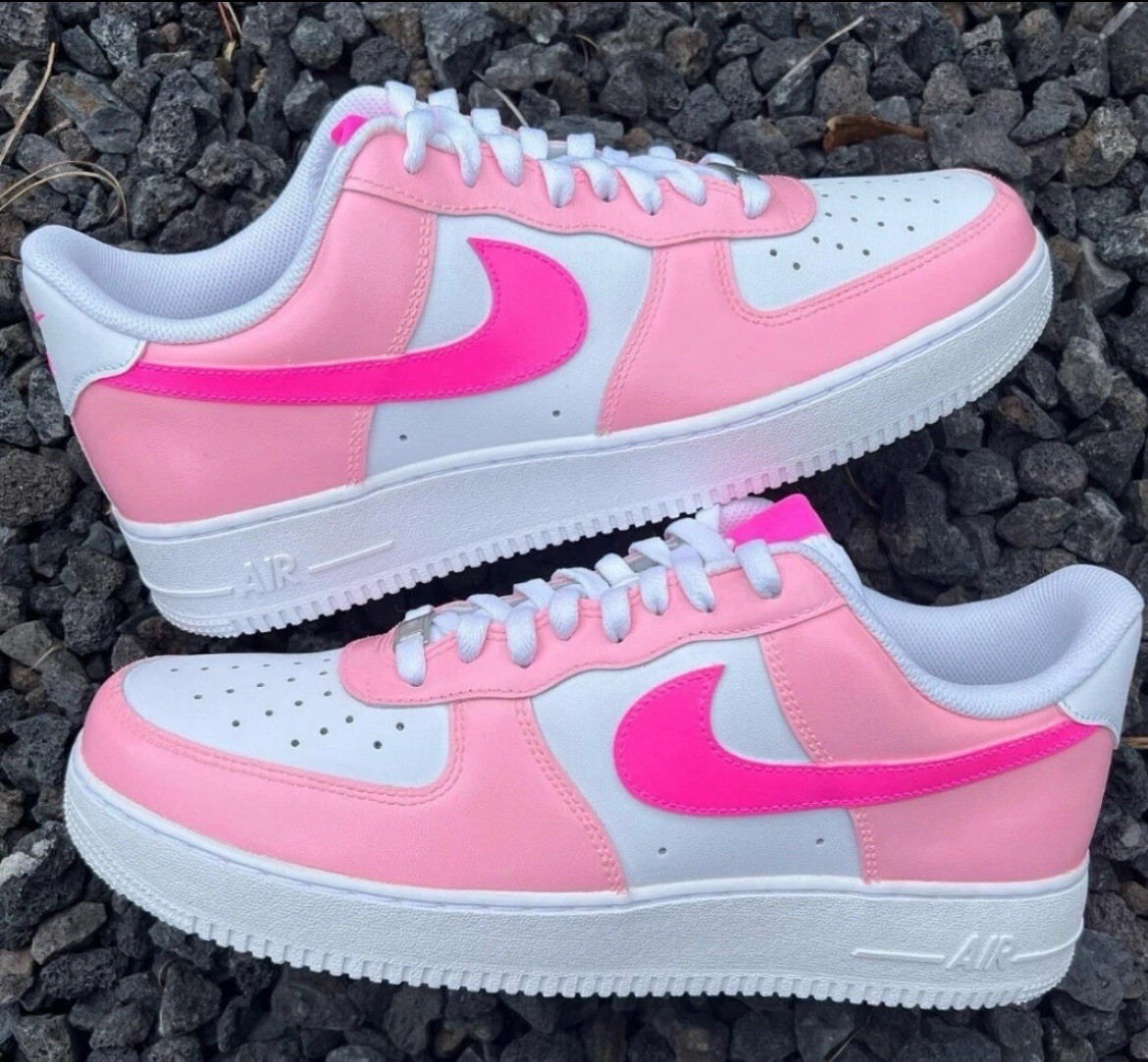 Custom “HOT PINK” Nike Air Force 1 Triple White Pink Womens/Kids
