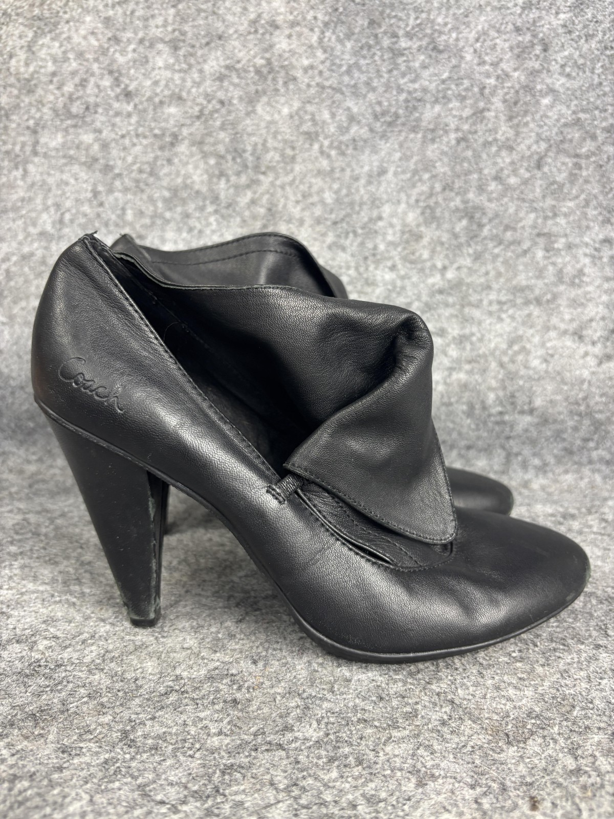 Coach Heels Womens Size 7 Black Mezzanine Foldover Leather Cone Heel Booties
