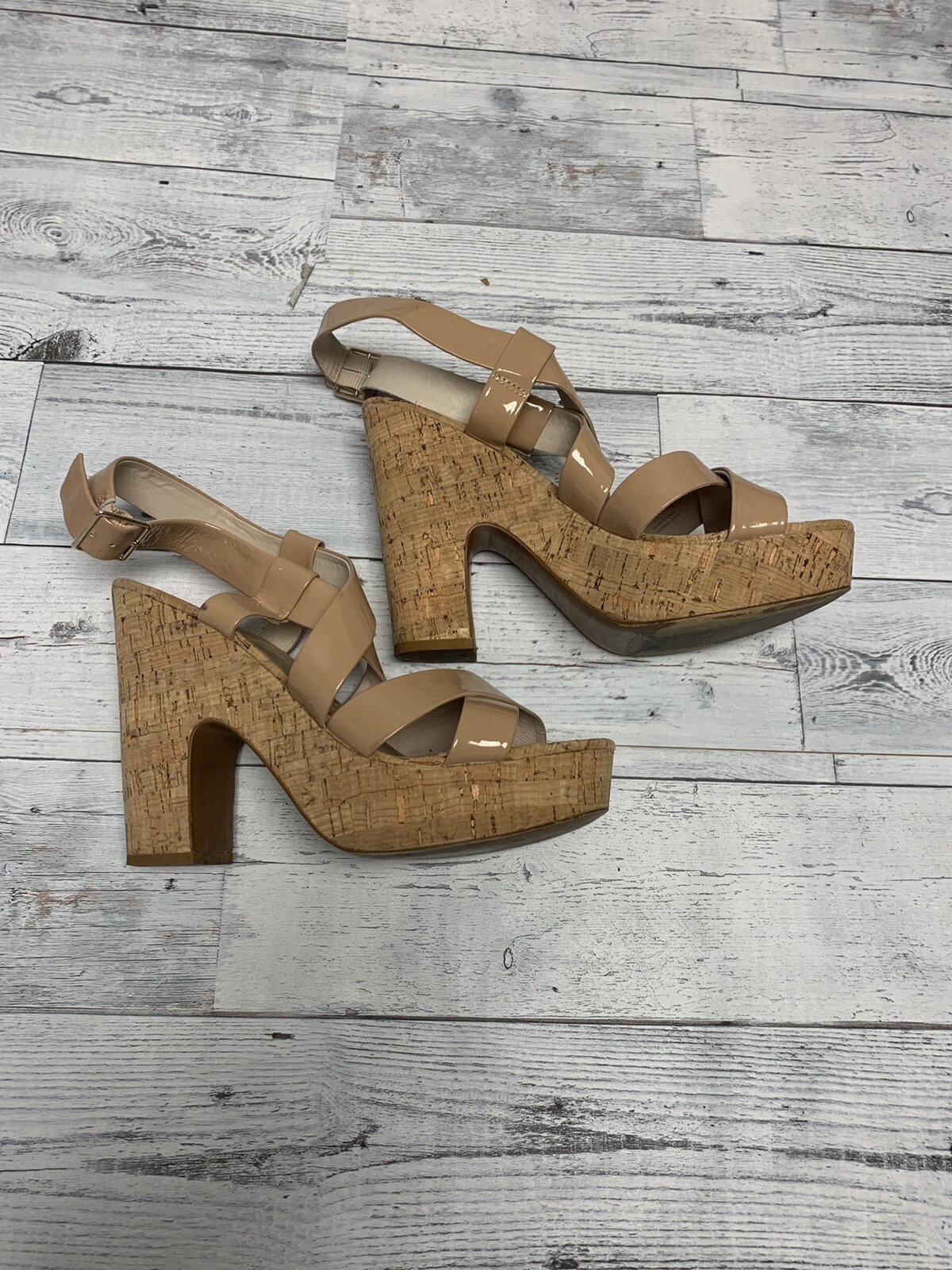 Bimba Y Lola Beige Strap Wedges Platform Cork Heel Sling back Ankle Strap S 10