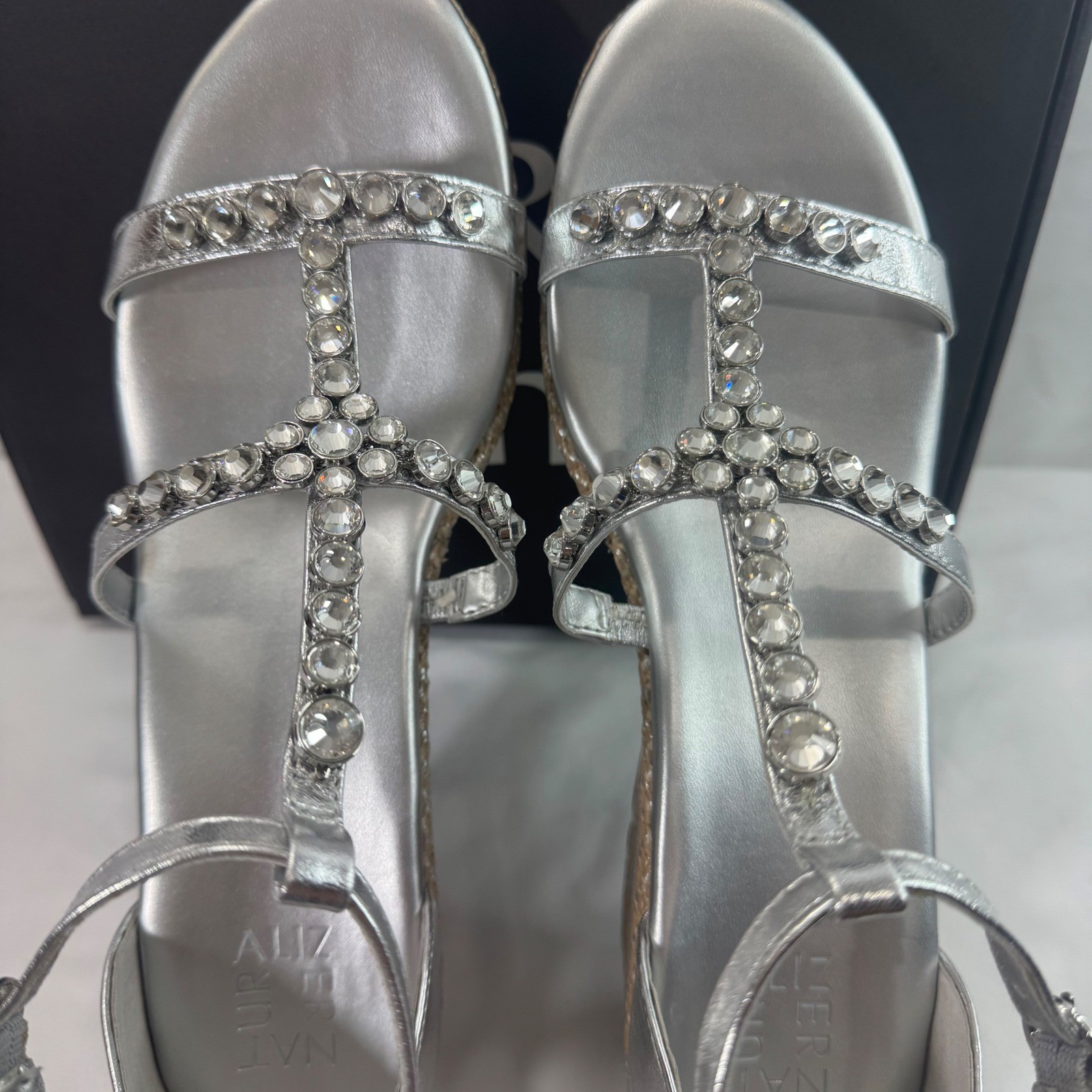 New Naturalizer Serena Silver Metallic Rhinestone Espadrille Wedge Sandal Sz 13