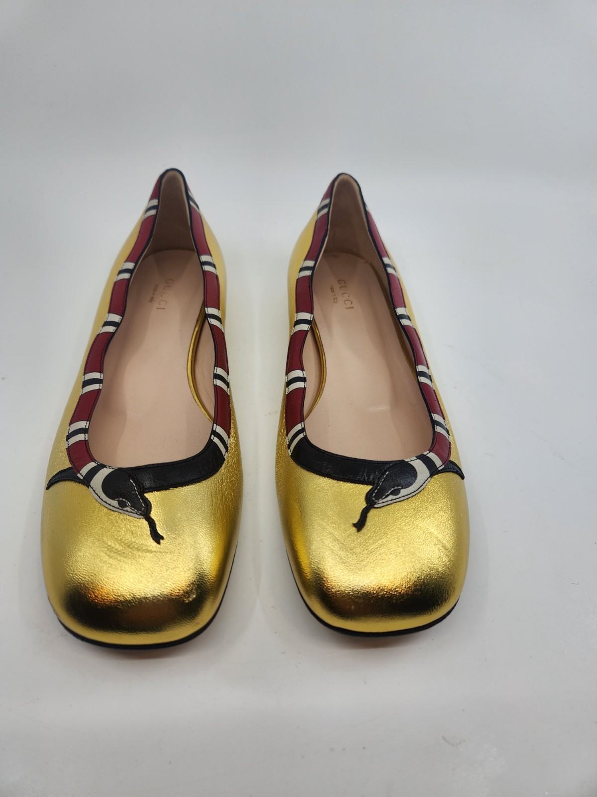 Gucci Yoko King Snake Leather Ballet Flats Shoes Square Toe in GOLD EU 38.5