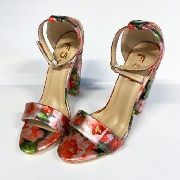 FSJ Flower Floral Open Toe Chunky Heels Ankle Strap Sandals Wedding Bridal Shoes