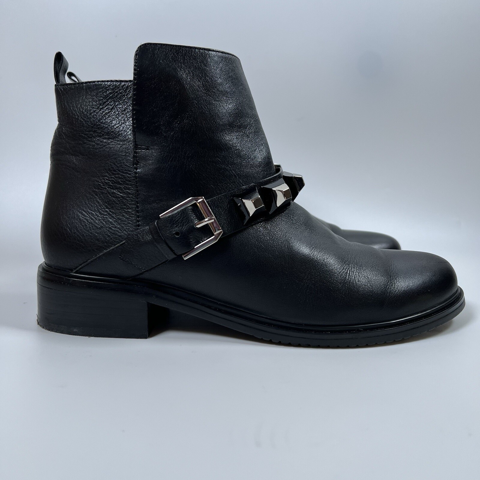 Balidoner Black Leather Ankle Boots Buckle Strap Studded Moto Biker