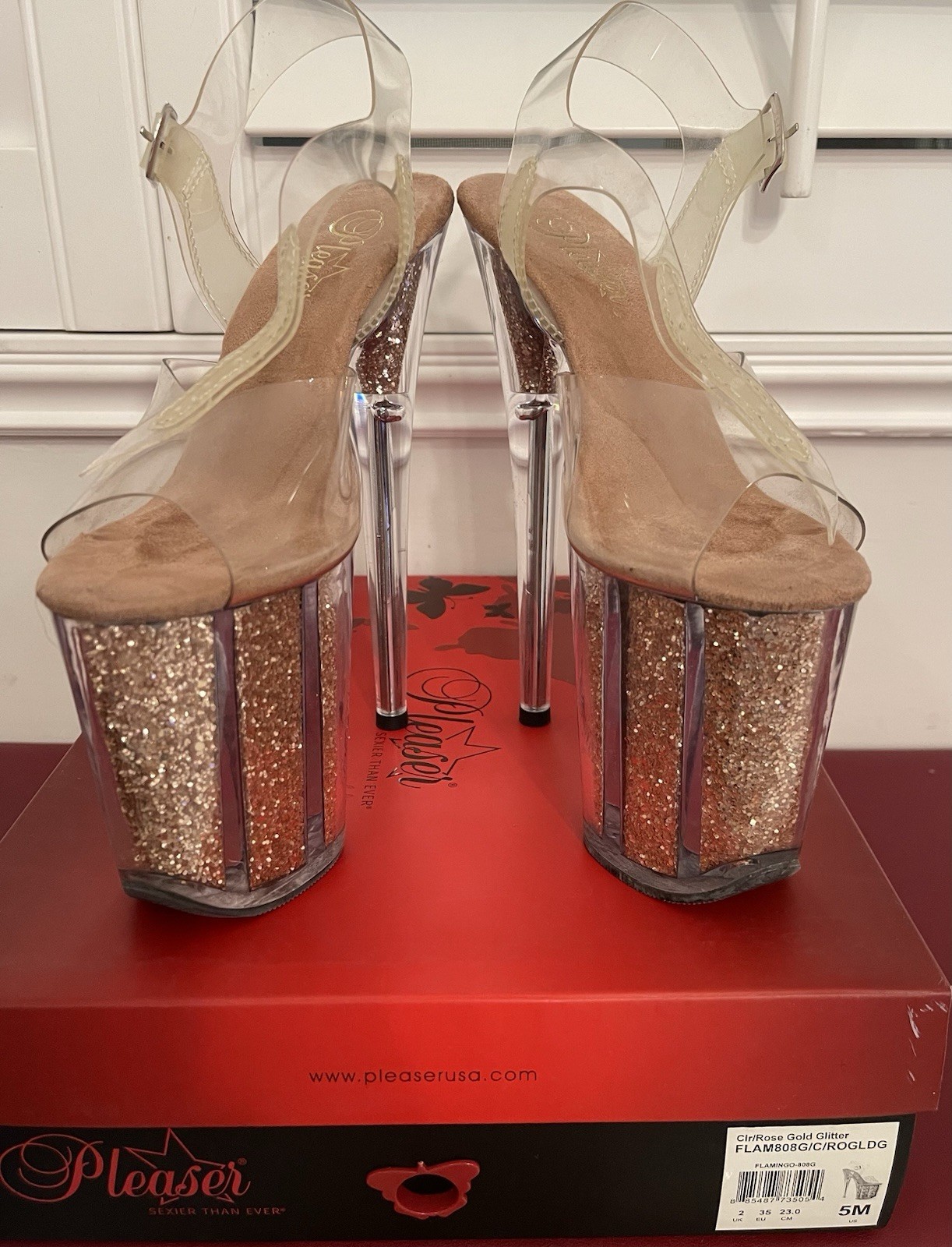 Pleaser Clear/Rose Gold Glitter Platform Ankle Strap Buckle Stiletto Heel 5