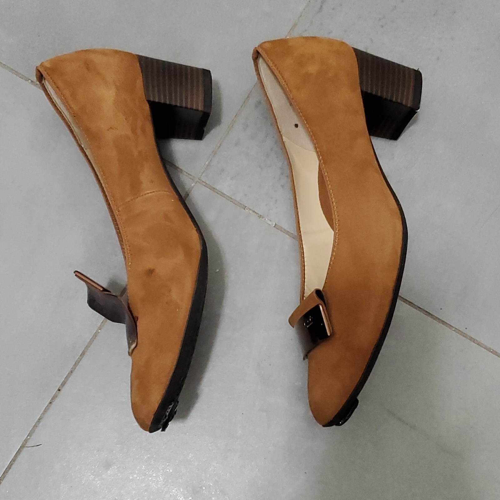 Ara Womens 9 Brown Suede Solid Slip-On Pumps Block Heel Metal Buckle Comfort