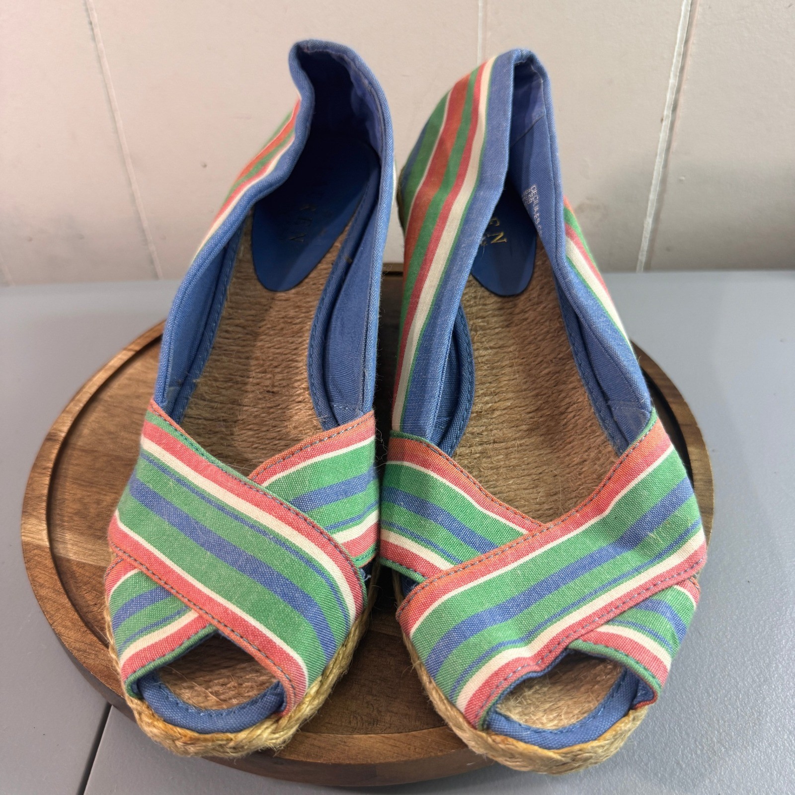 Lauren Ralph Lauren Cecilia Wedge Espadrille Womens 8.5B Multi Striped Good Jute