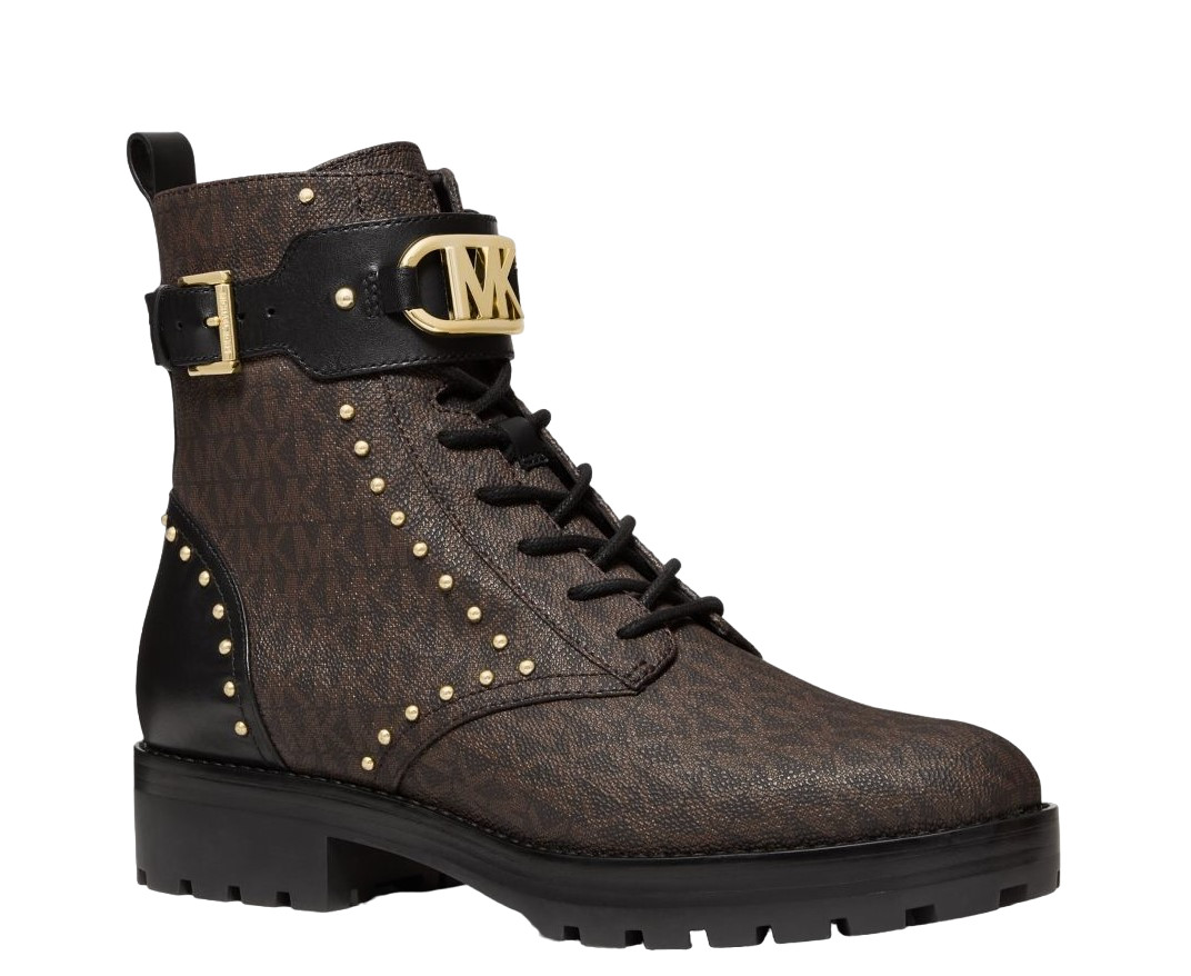 Michael Kors Kincaid Logo Studded Combat Boot Brown/Black 6/6.5/7/7.5/8/8.5/9