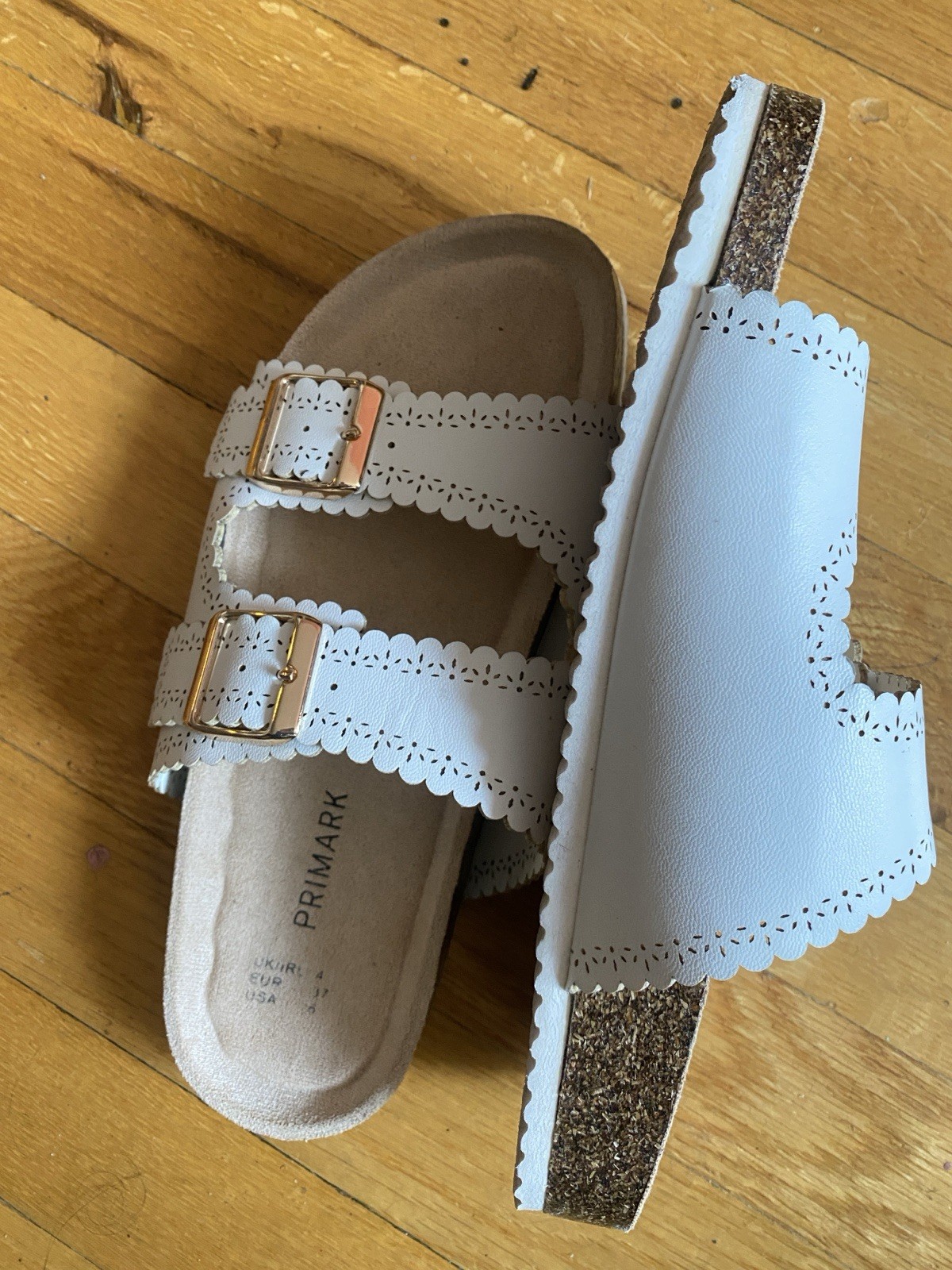 Primark Sandals white 6.5 women 2 strap mules. Adjustable Straps
