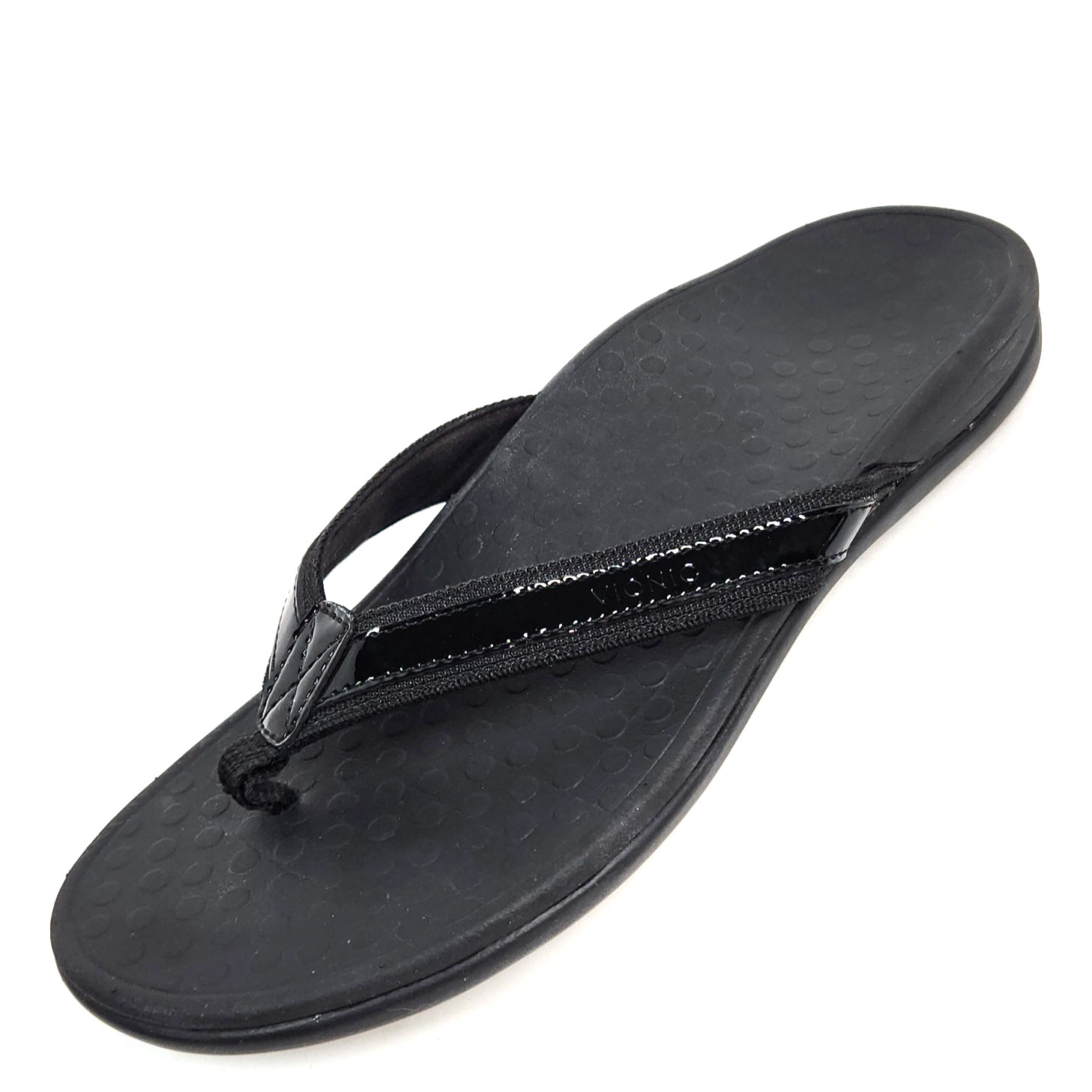 Vionic Tide II Flip Flop Sandal Women 12? Black Patent Leather Orthoheel Comfort