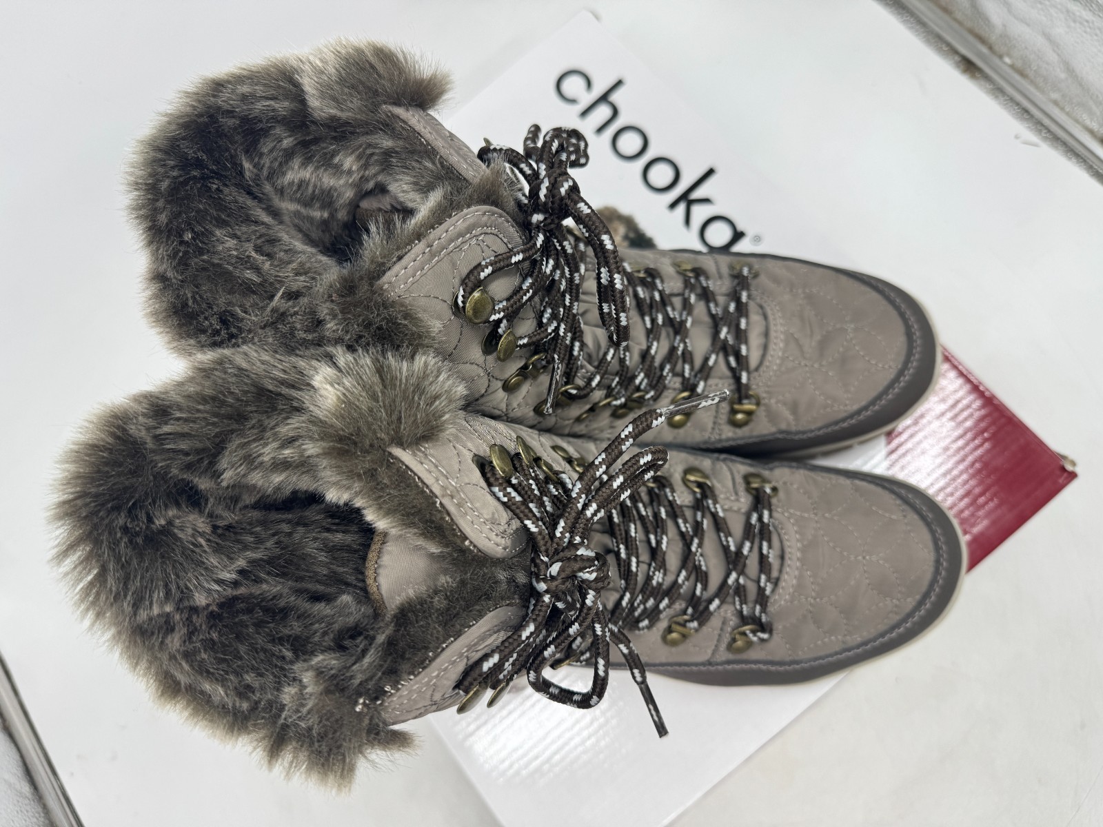 Chooka Insulated Belltown Mid Faux Fur Winter Boots Women’s Taupe Lace Up – 7