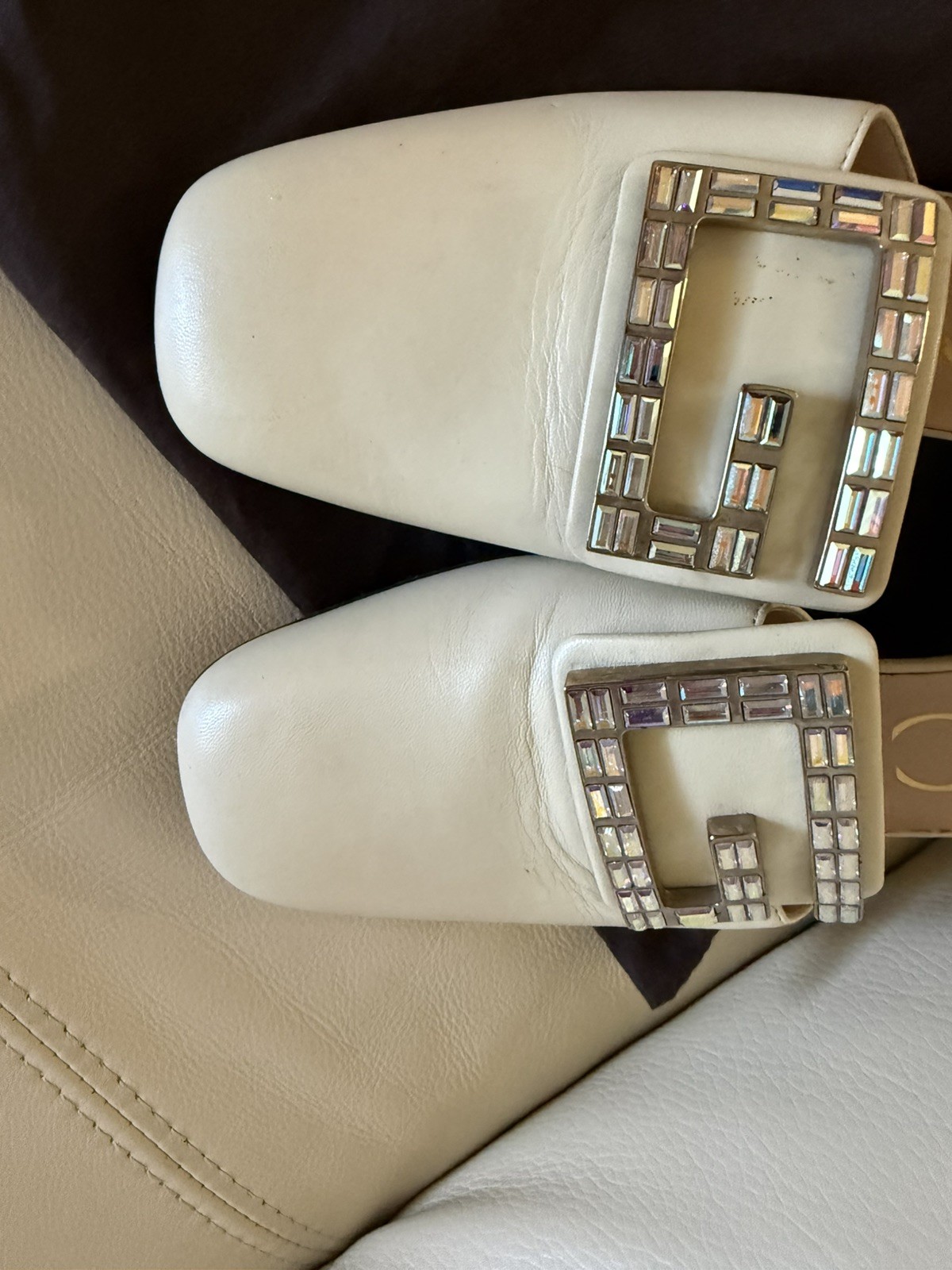 Gucci Madelyn Crystal Square G Logo Ivory Leather Mules Slides Heels Size 37.5
