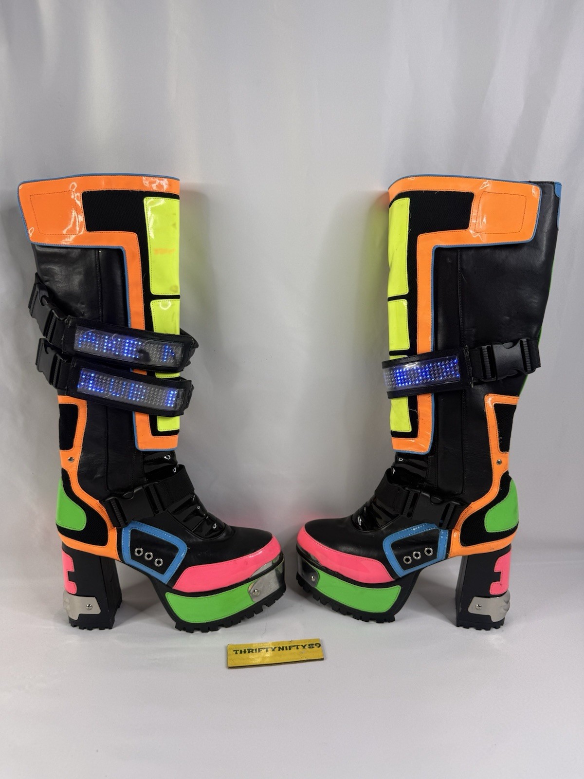 Club Exx Cybertron Babe Boots Womens 8M Platform Neon Vegan Lug Heel LED Straps