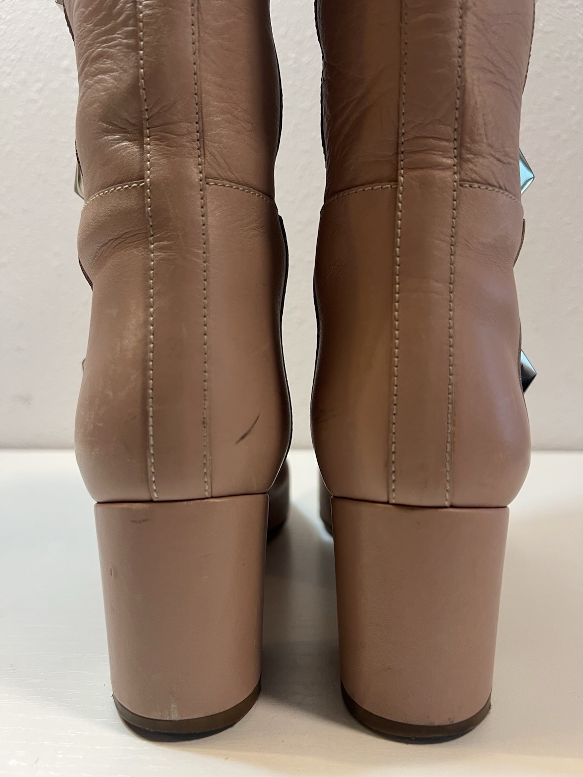 Valentino Boots 40 Rockstud Knee High Mid Heel Nude Pale Pink Giant Studs Tuxedo