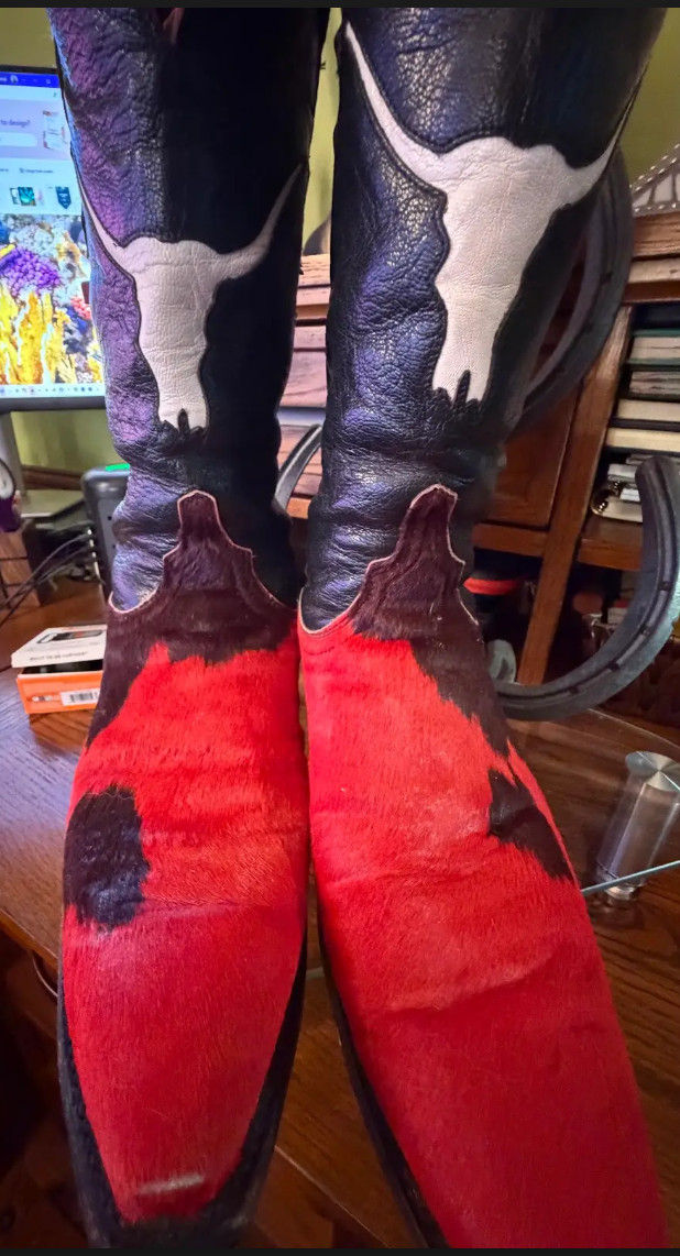 LUCCHESE Tool 1883 Cowhide Calf Hair Hide Red-White-Black Cowgirl Cowboy Boots 8