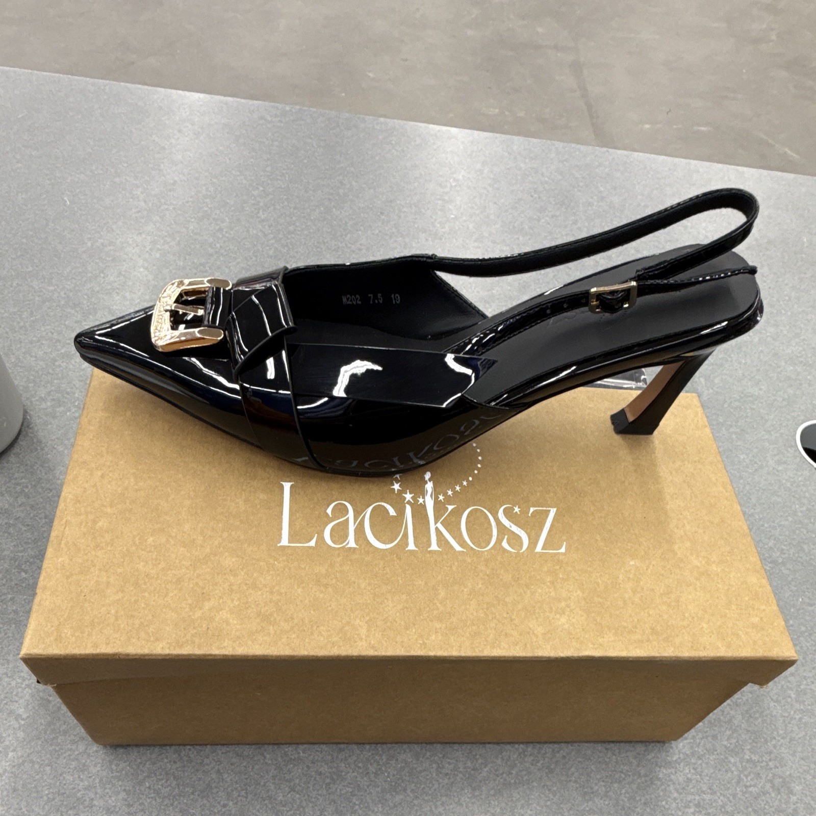 Lacikosz Black Patent Slingback Heels Pointed Toe Buckle Accent US 7.5