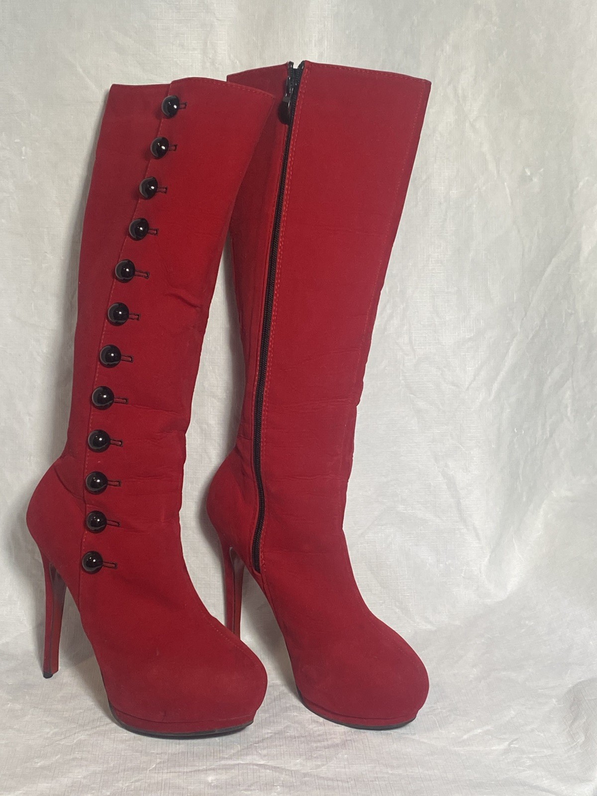 Highest Heel Women’s Red Knee High Rhinestone Boots, Pointed Toe Zip size 37/6.5