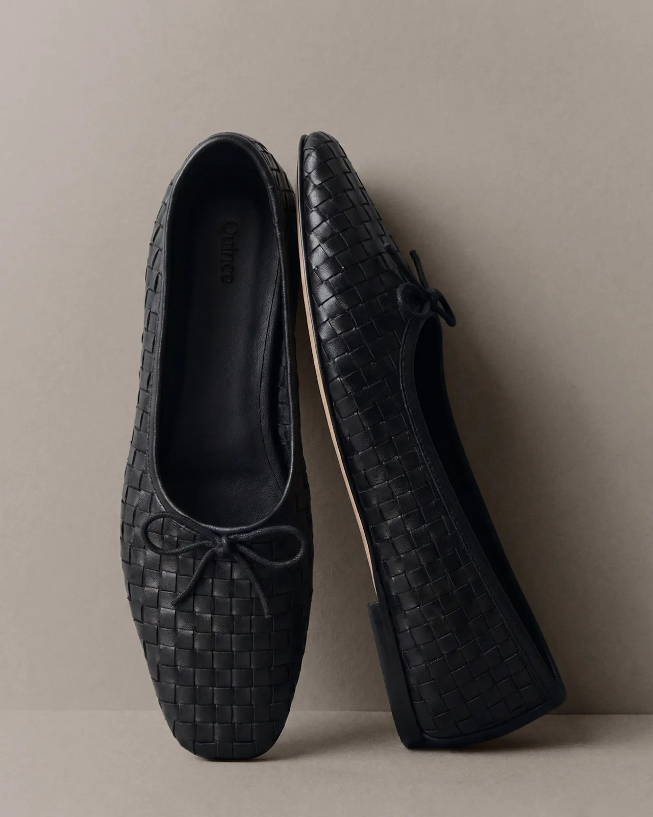 Quince Women Italian Leather Handwoven Square Toe Ballet Flat Black Shoes 8 NWB