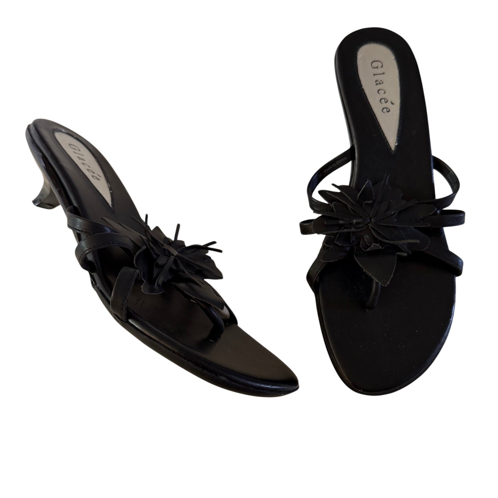 Y2K 2000s Black Genuine Leather Floral Kitten Heel Sandal 7.5 Fairy Grunge Whims