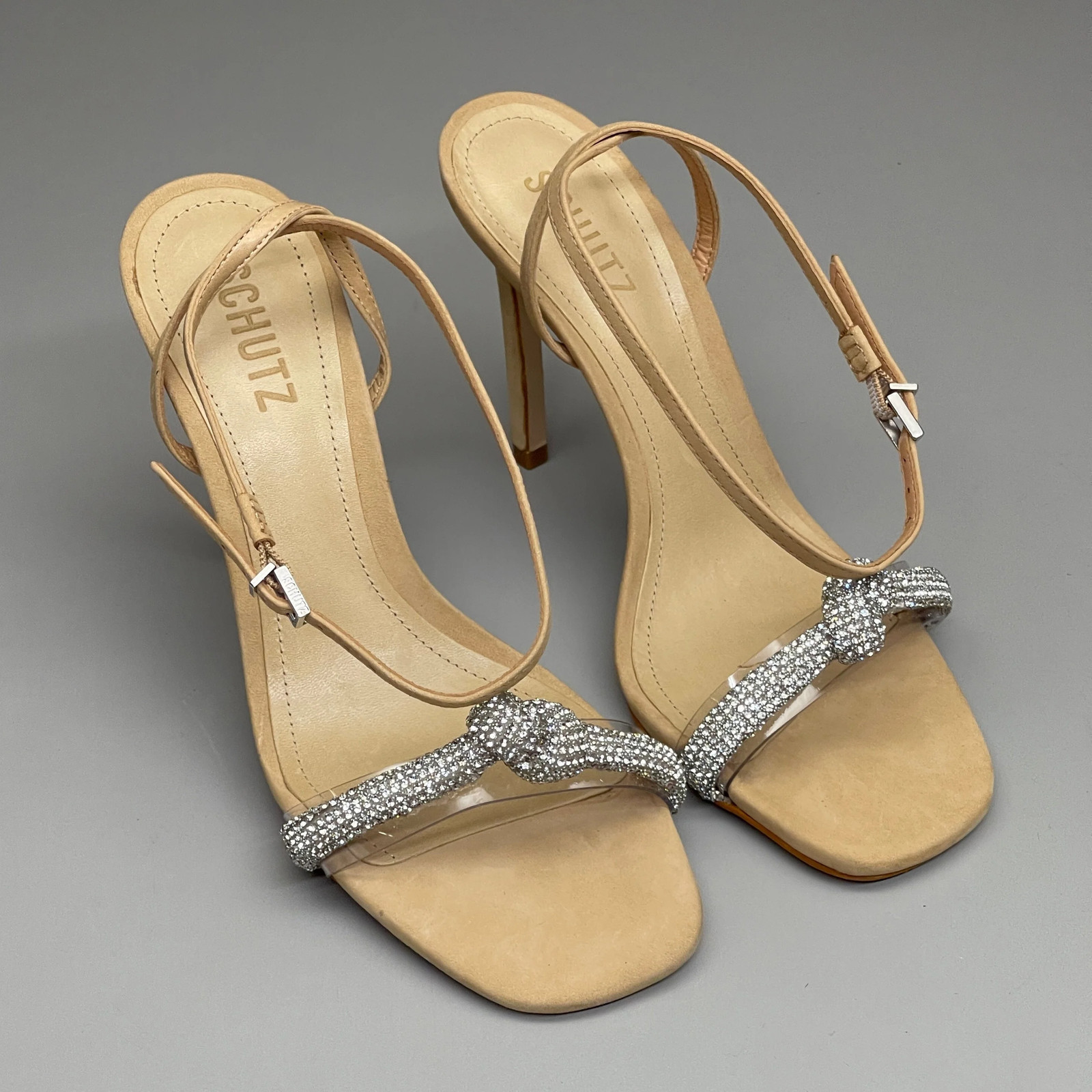 SCHUTZ Peaky Nubuck & Vinyl Multimaterial Women’s Sandal Heel Light Nude Sz 7.5B