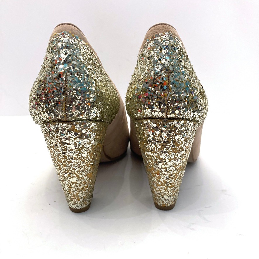 Topshop Jazzhands Pumps Beige Suede Gold Glitter Heels Womens 10.5 Peep Toe