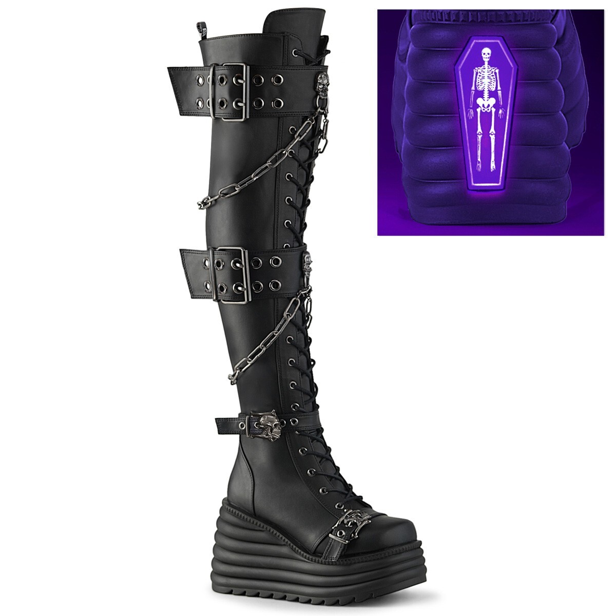 Black Wedge Platform Thigh High Lace Light Up Biker Music Festival Gothic Boots