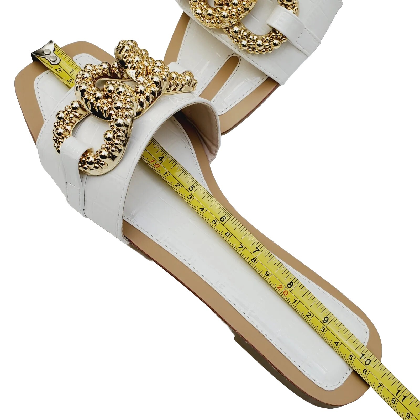 Sandals Gold Glam Metal Gold Chain Luxury White Croc Slides Sandals w Box Sz 9